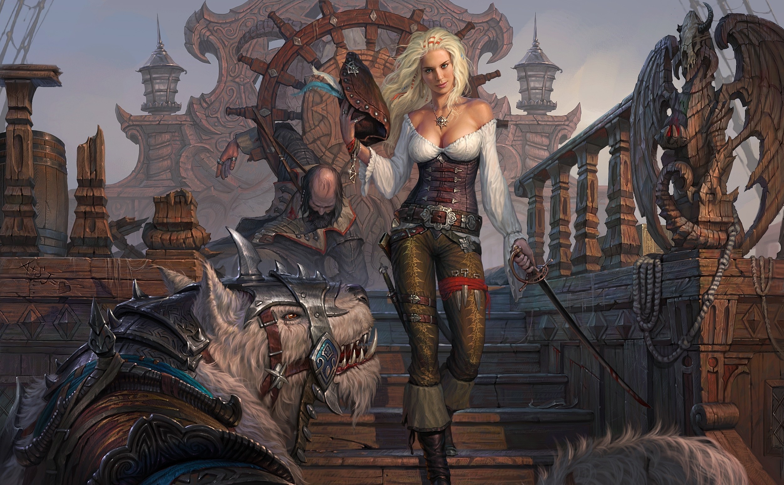 Pirate captain with a beast on a ship HD Wallpaper