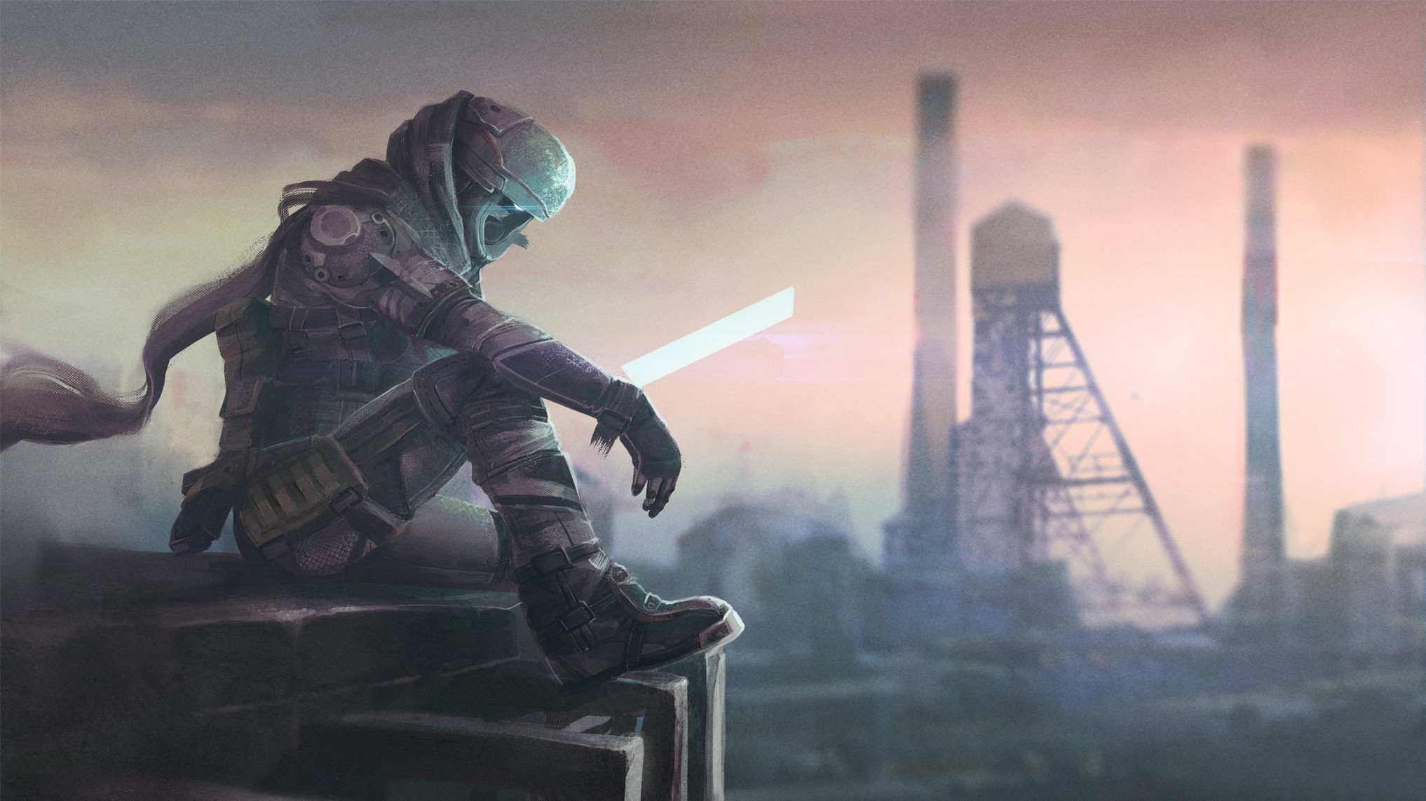 Futuristic warrior sitting on ruins with glowing sword HD Wallpaper