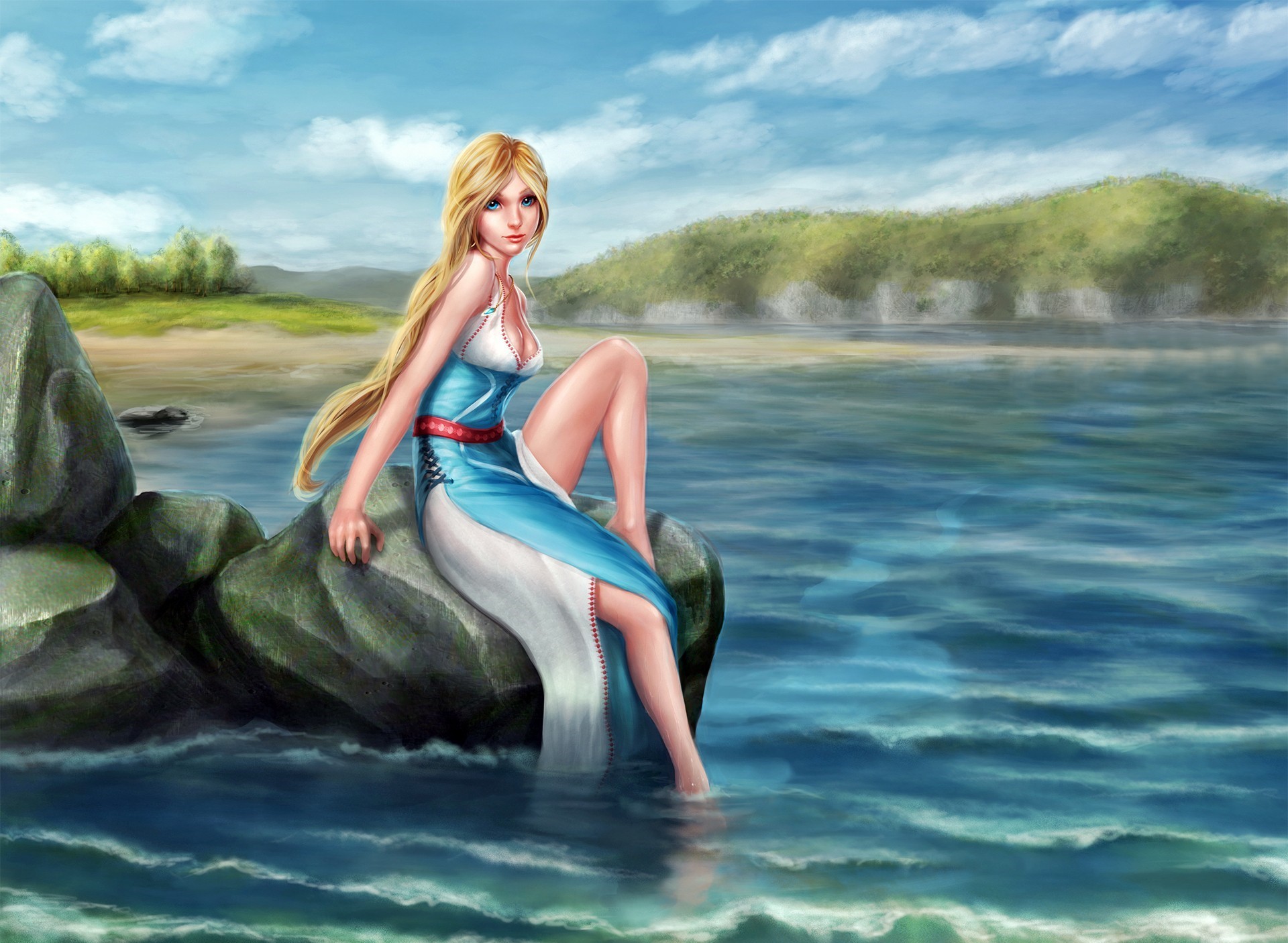 Fantasy art of a blonde woman by the water HD Wallpaper