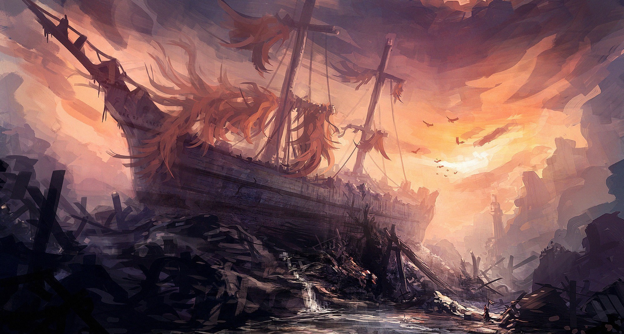 Fantasy art of a wrecked ship at sunset HD Wallpaper