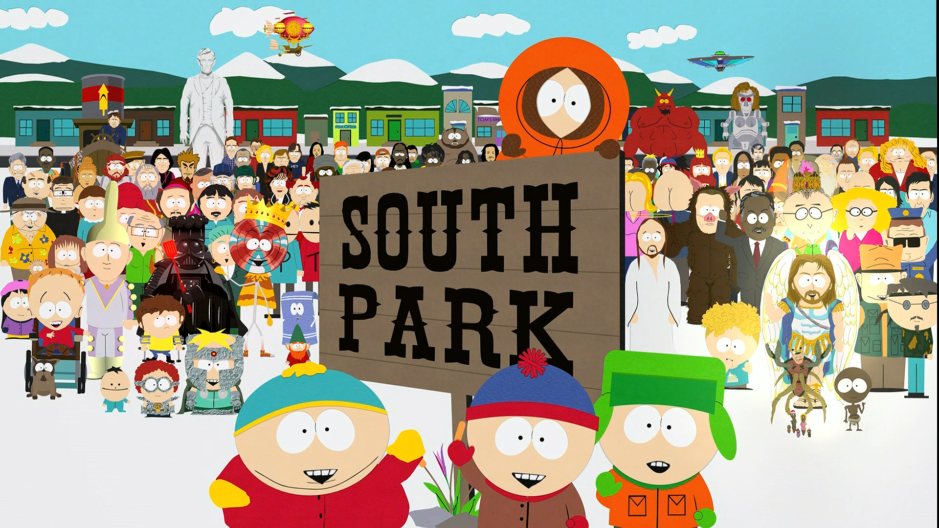 South Park characters gathered in front of a sign HD Wallpaper