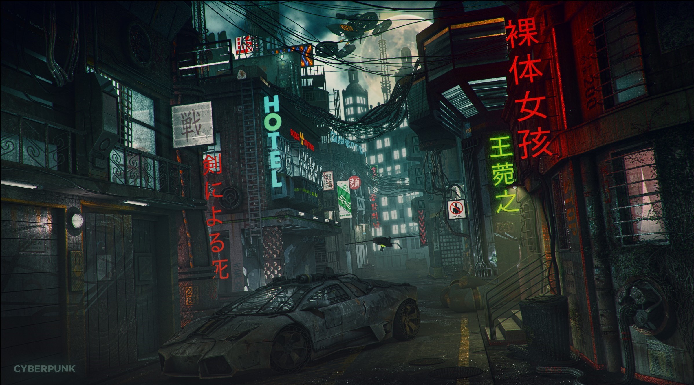 Cyberpunk city street with futuristic car and neon signs HD Wallpaper