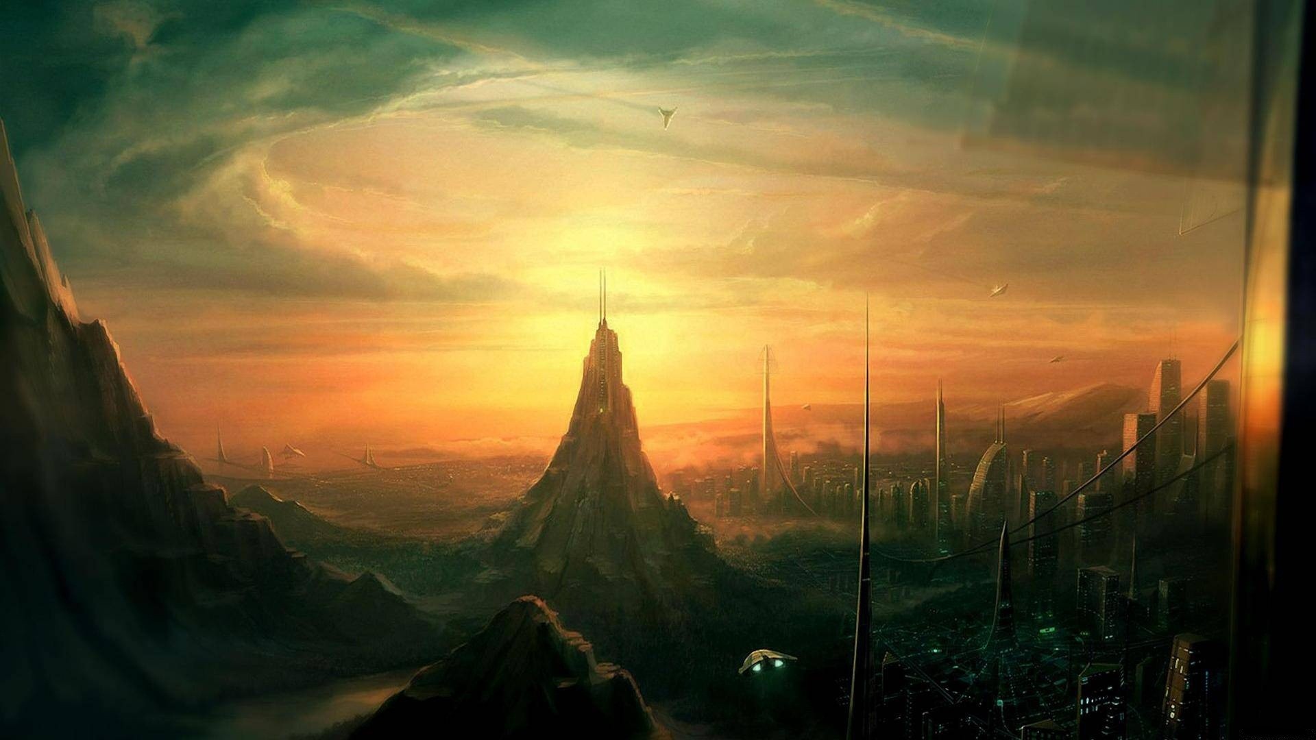 Futuristic city with mountains and sunset HD Wallpaper