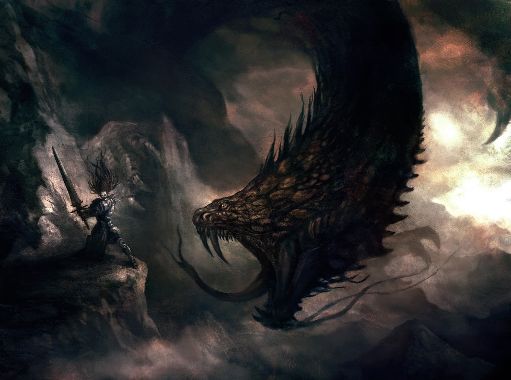 Fantasy art of a warrior fighting a dragon HD Wallpaper