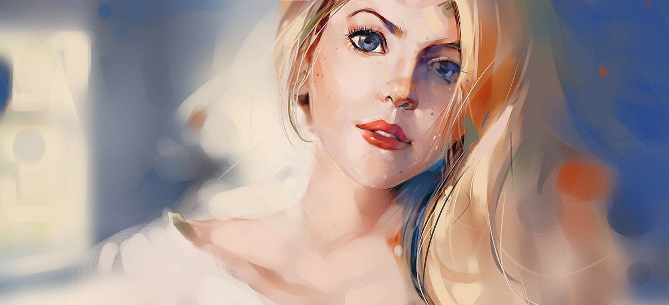 Artwork of a woman with blonde hair and blue eyes HD Wallpaper