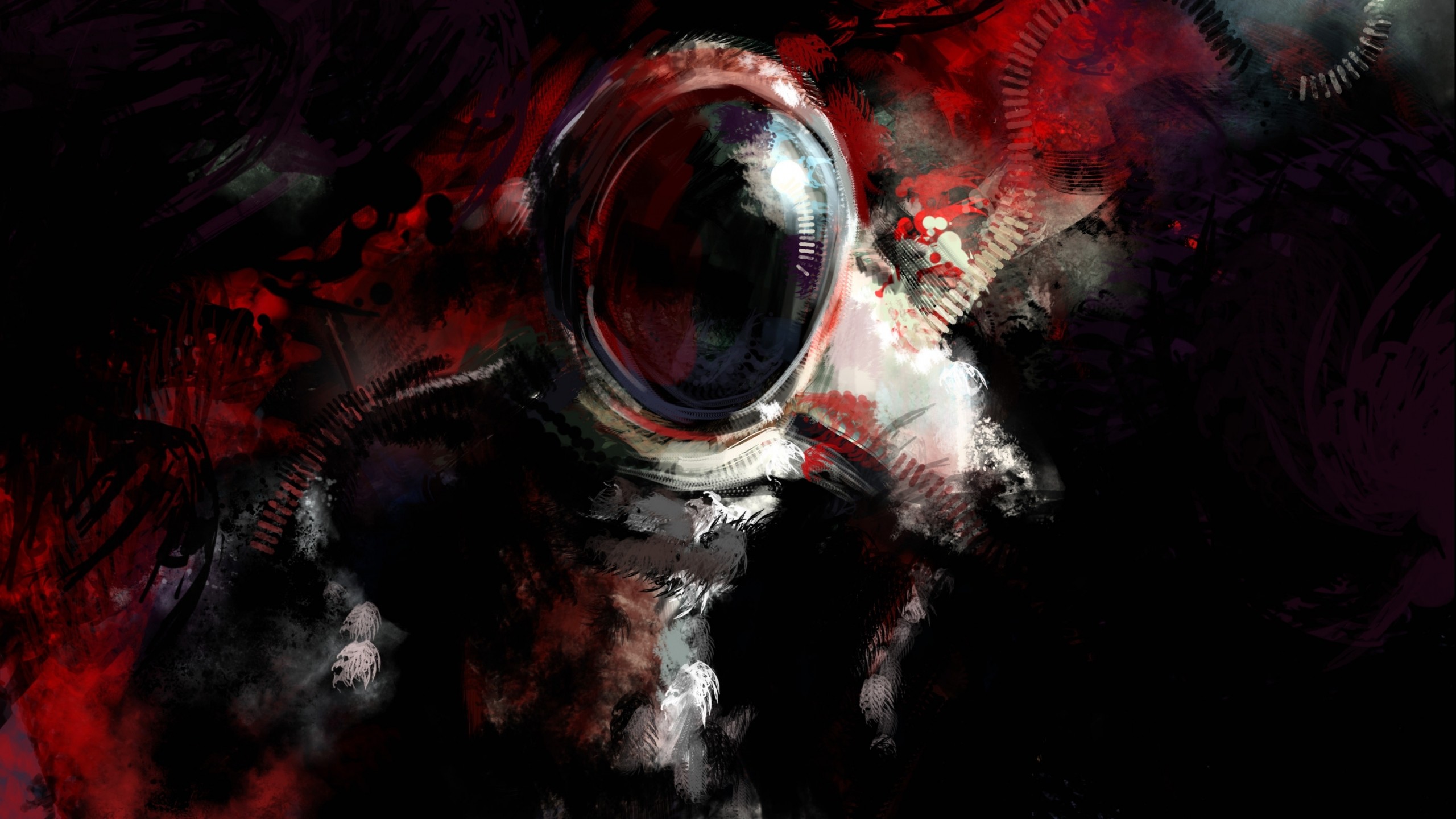 Dark astronaut artwork with red and black abstract elements HD Wallpaper