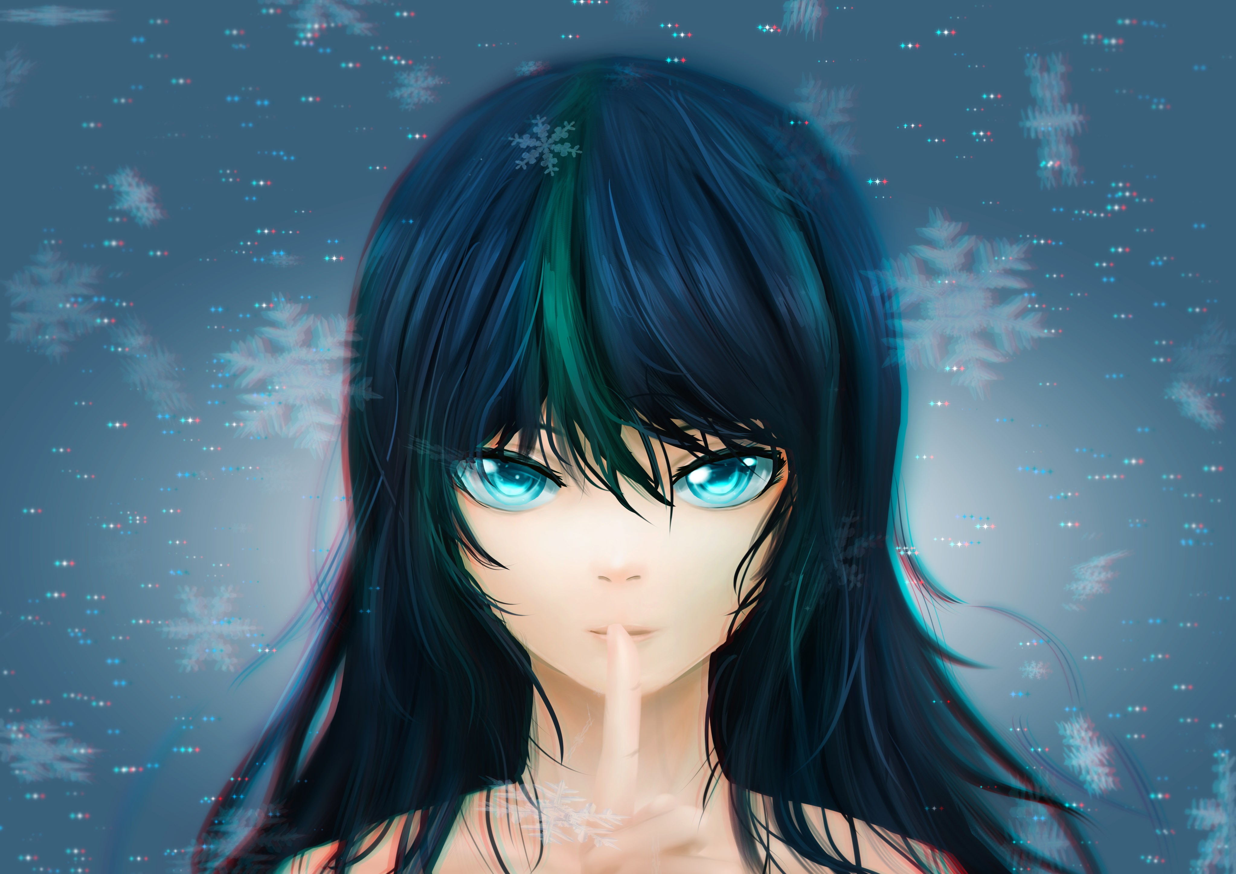 Anime girl with blue eyes and dark hair HD Wallpaper