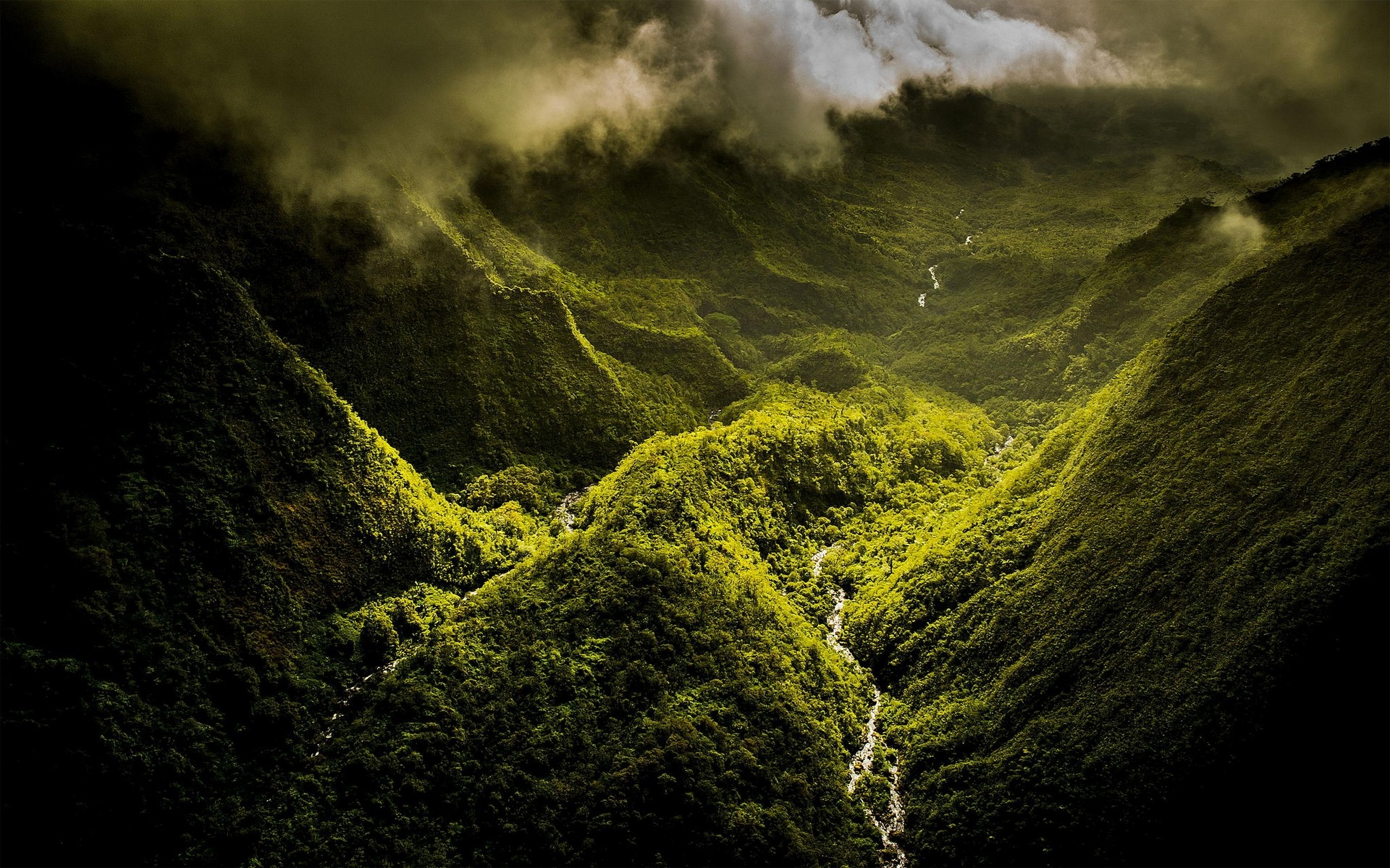 Aerial view of a green valley in Hawaii HD Wallpaper