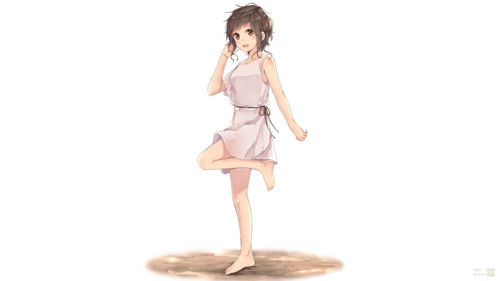Anime girl with short brown hair in a white dress HD Wallpaper
