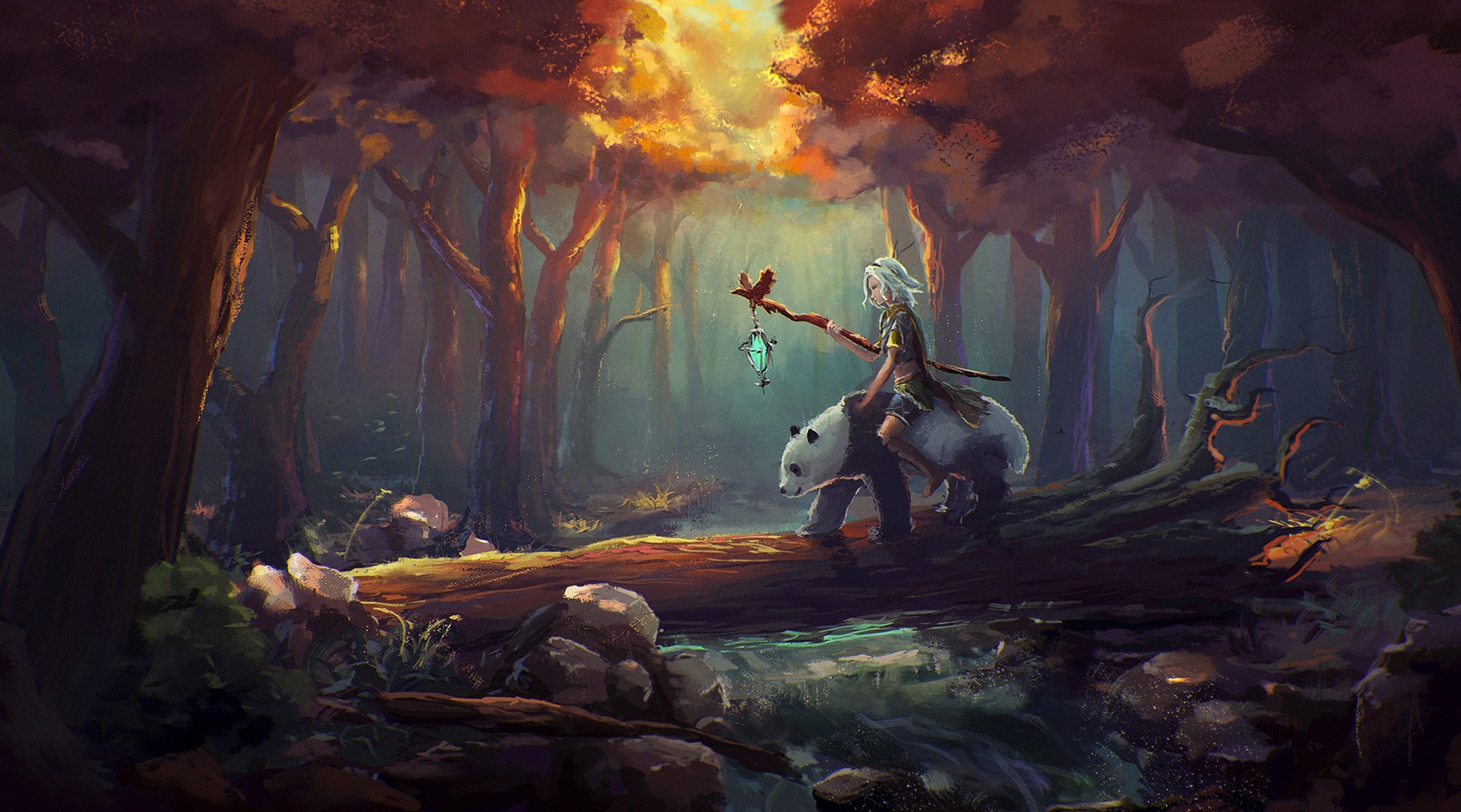Girl riding a panda in a fantasy forest HD Wallpaper