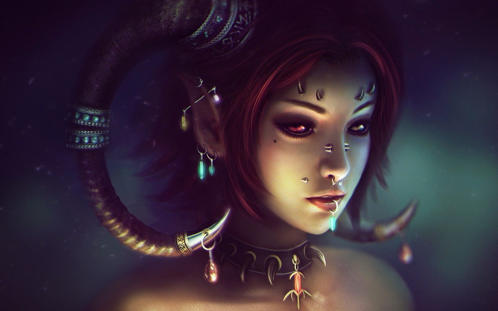 fantasy girl, Eddy Shinjuku, anime girls, painting, face, redhead, demon, jewelry, fantasy art, anime, piercing, horns HD Wallpaper