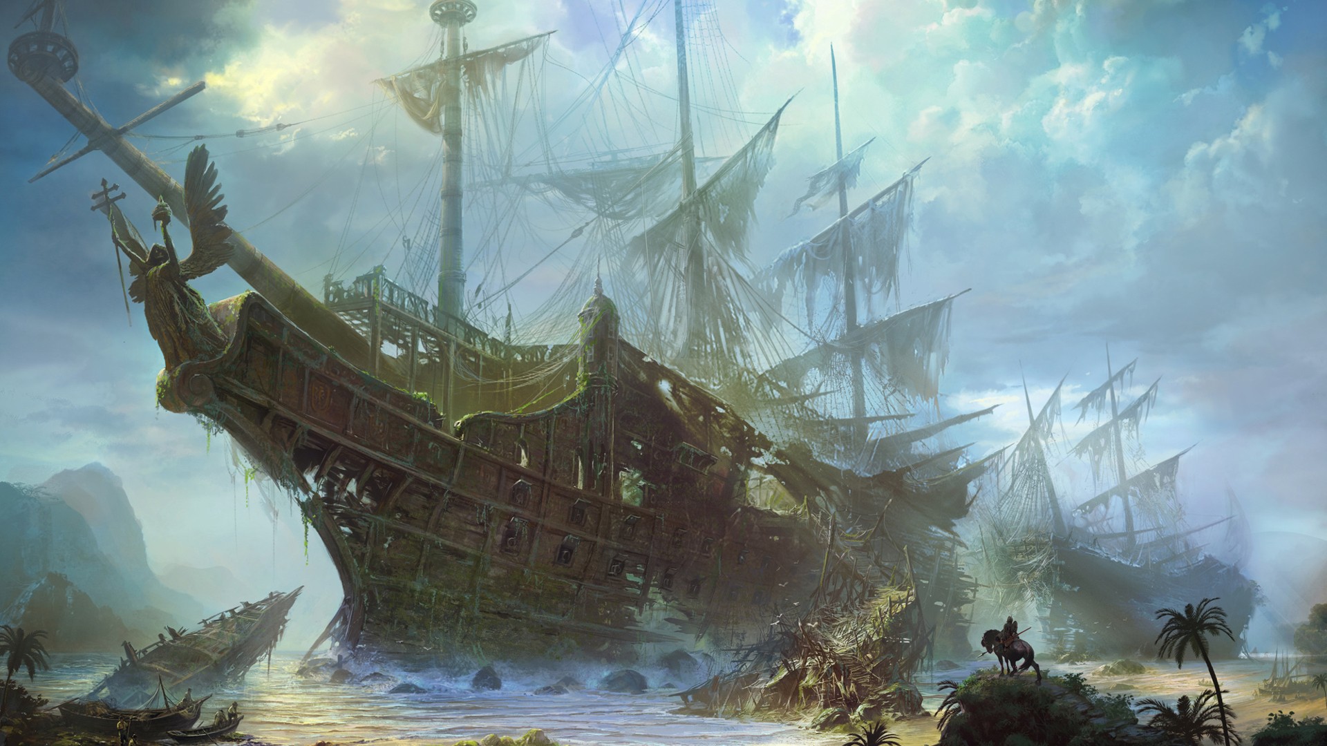 Ruined sailing ships on a tropical shore HD Wallpaper