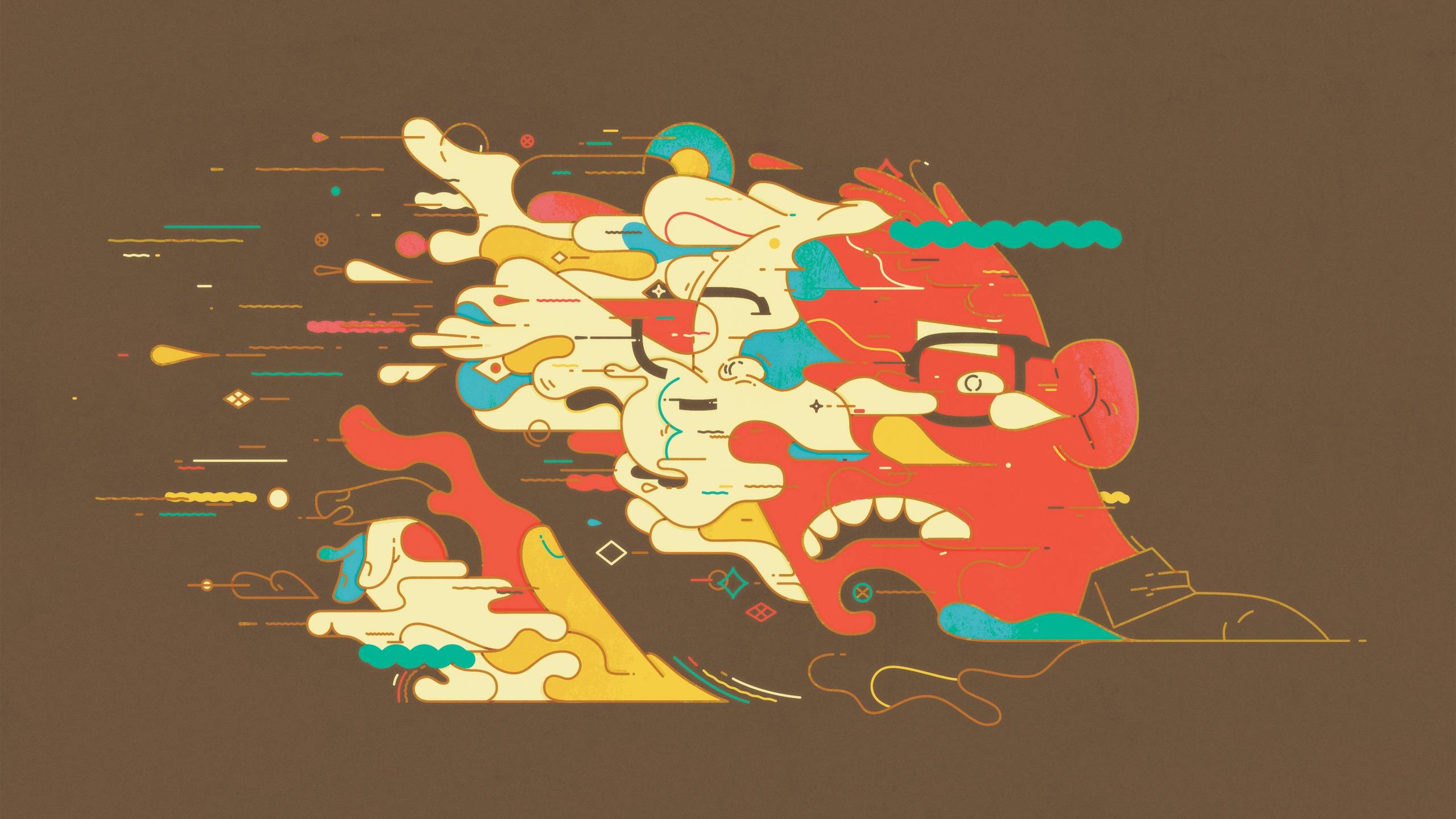 Abstract illustration of a man's head exploding into colorful shapes HD Wallpaper