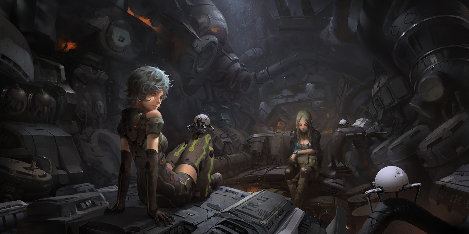 Two women in a futuristic junkyard with robots HD Wallpaper