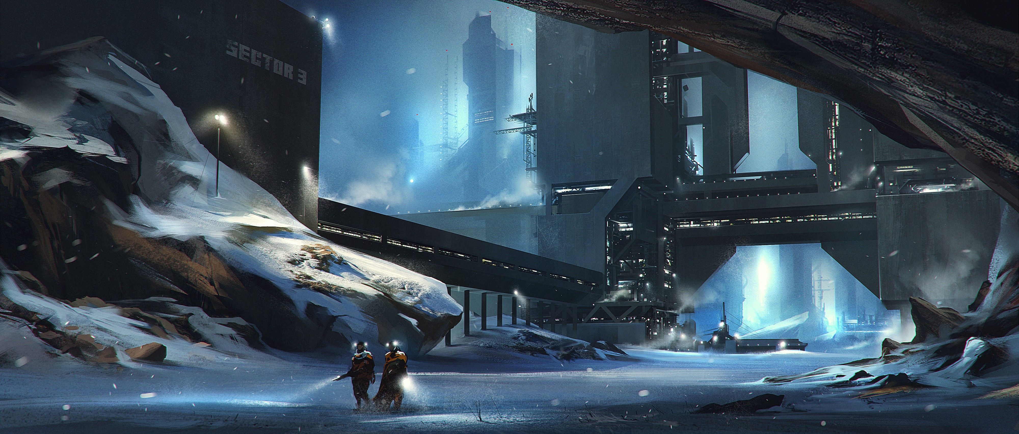 Futuristic industrial sector in a snowy landscape HD Wallpaper