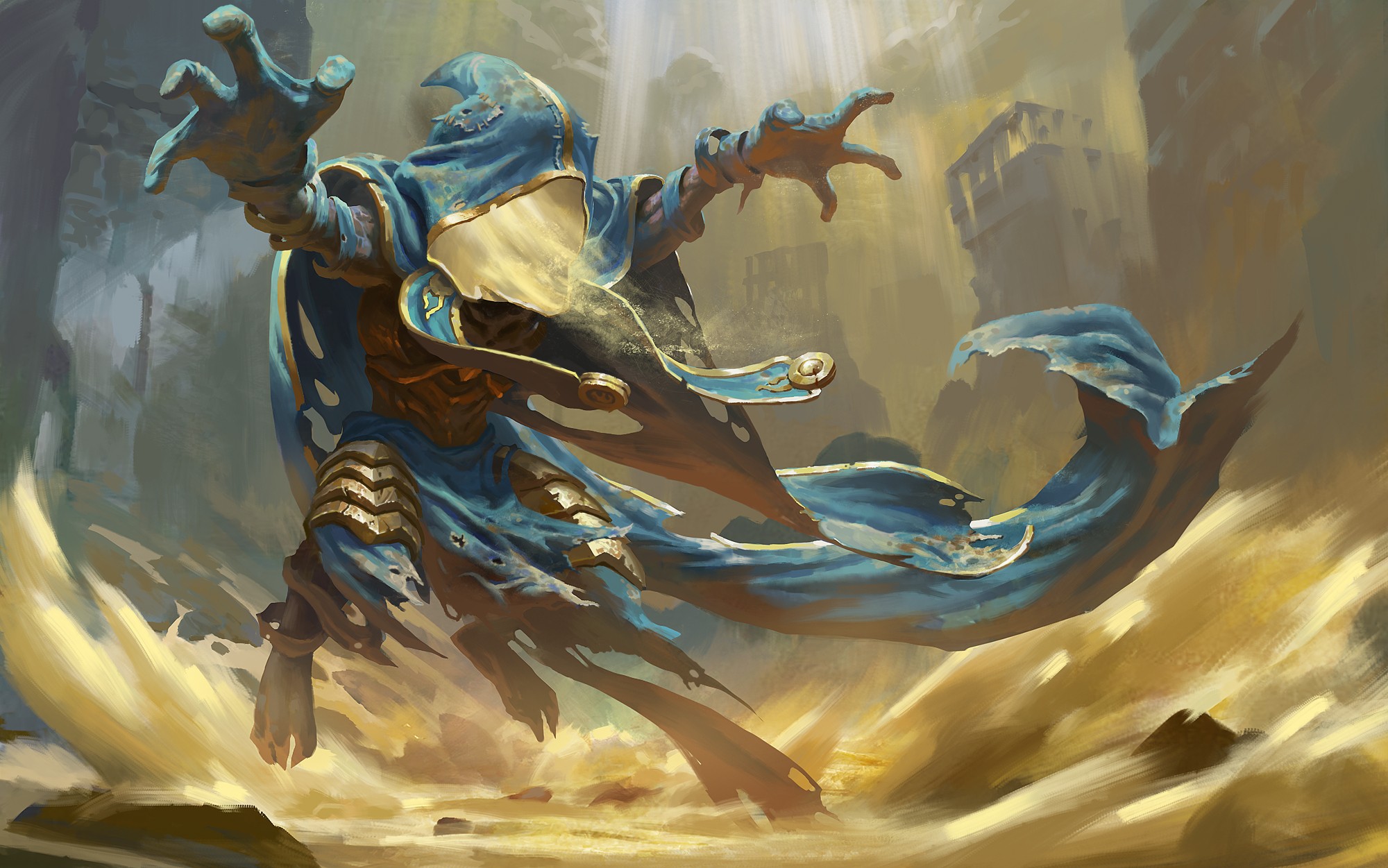 Fantasy creature in blue robes in a desert landscape HD Wallpaper