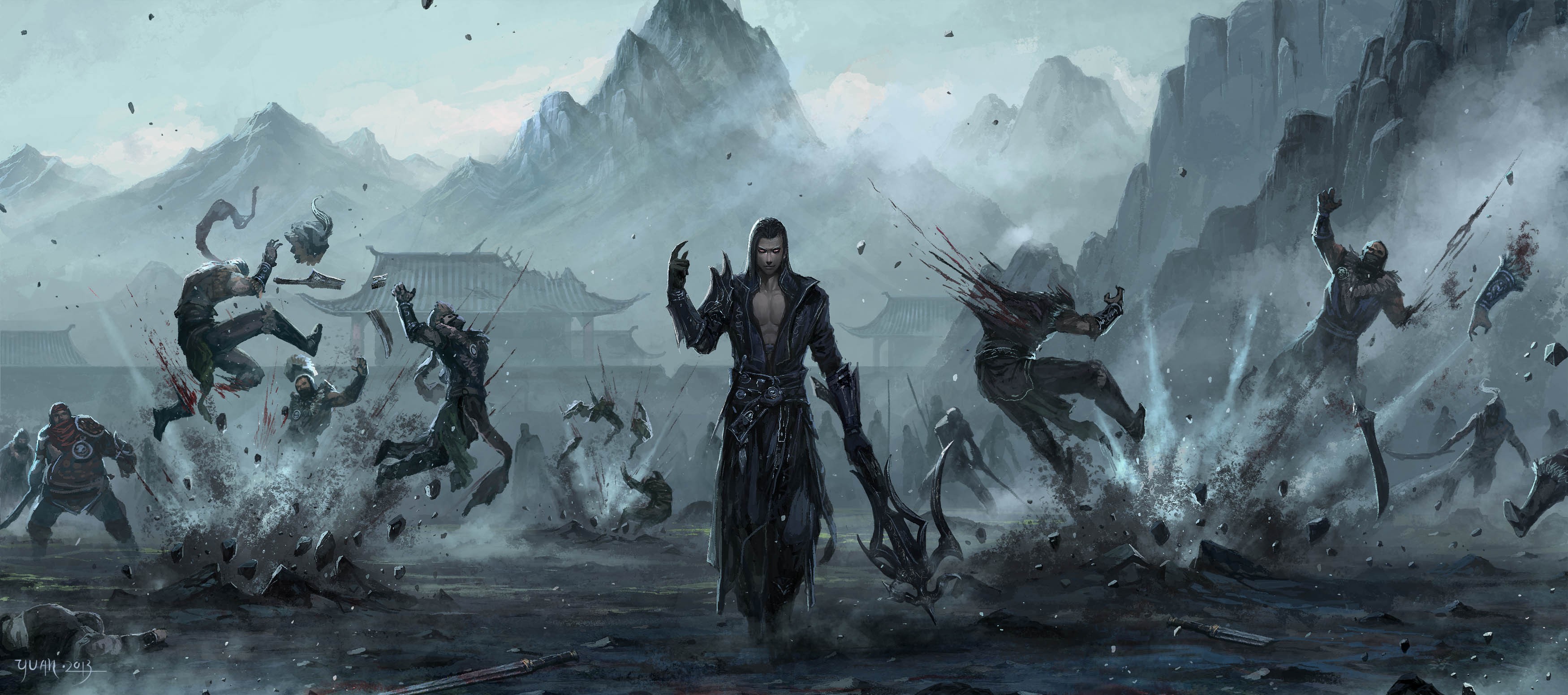 Fantasy warrior in black armor amidst a chaotic battle HD Wallpaper