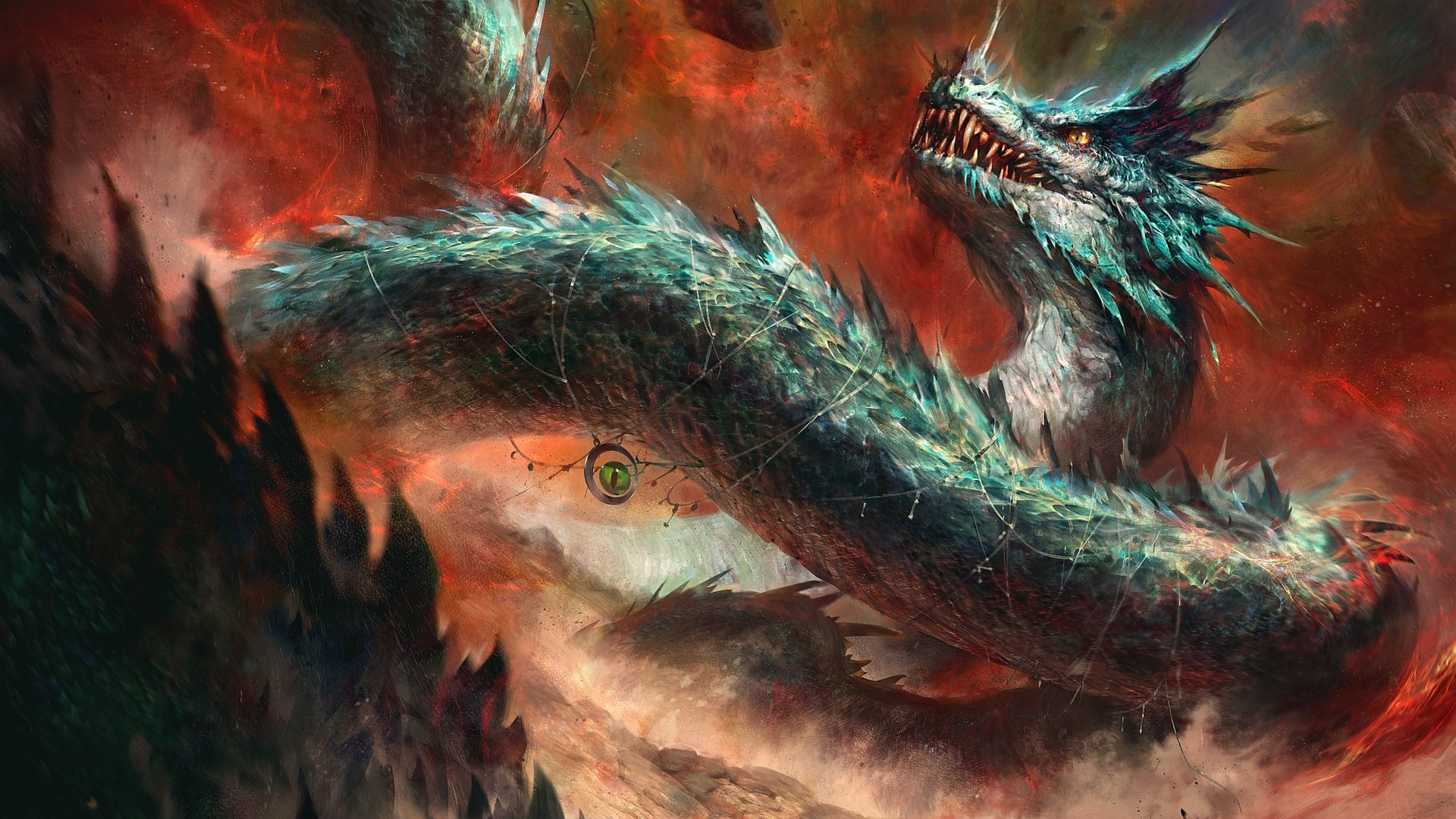 A fearsome dragon in a fiery, chaotic environment HD Wallpaper