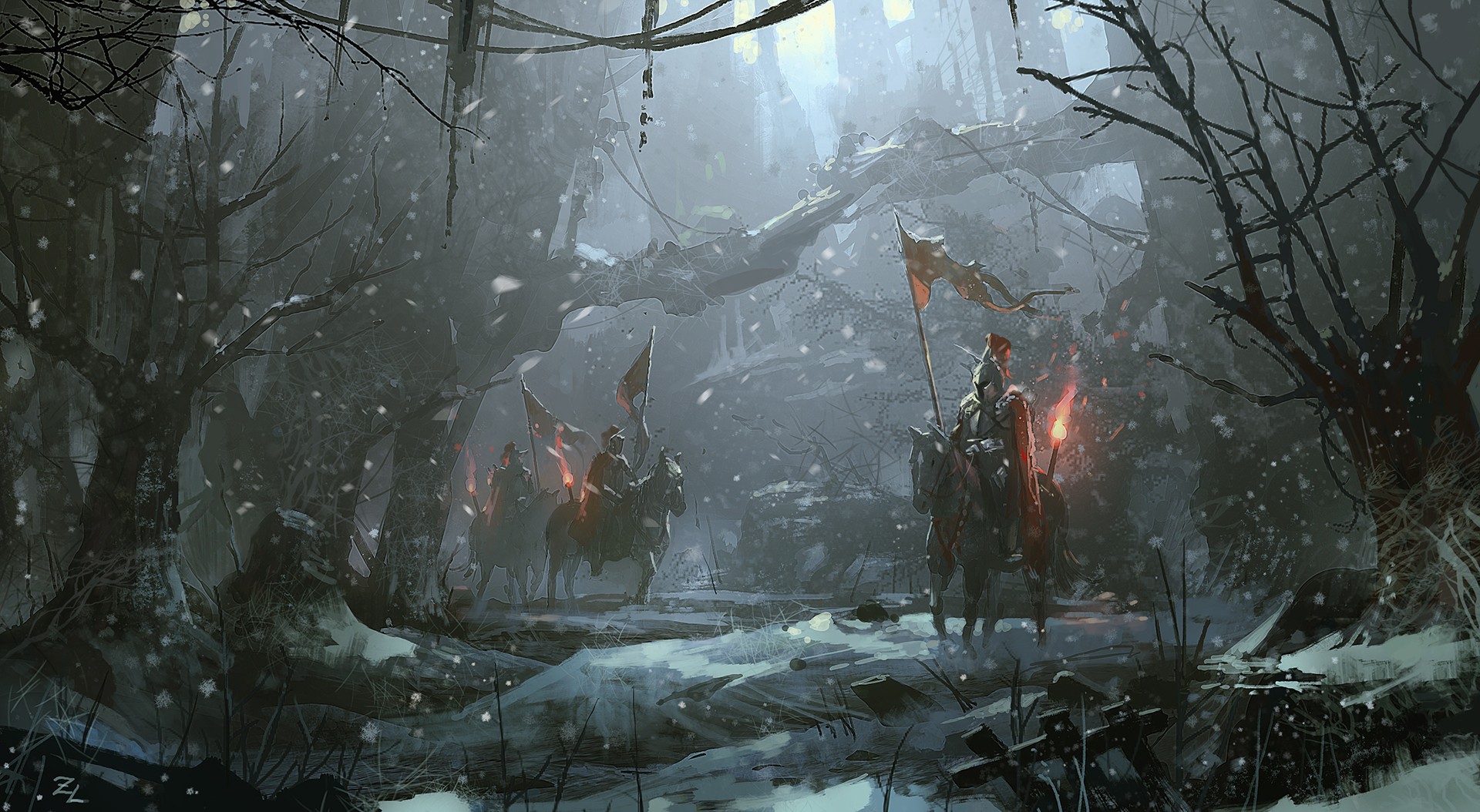 Fantasy art of knights on horseback in a snowy forest HD Wallpaper