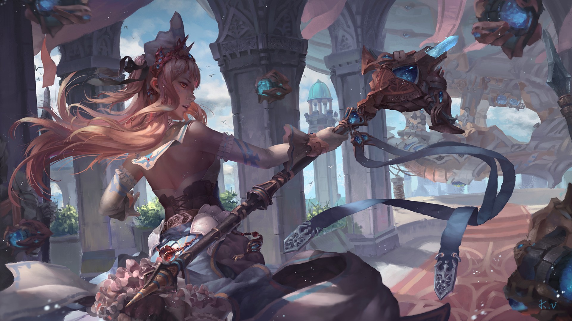 Fantasy art of a blonde woman with a staff HD Wallpaper