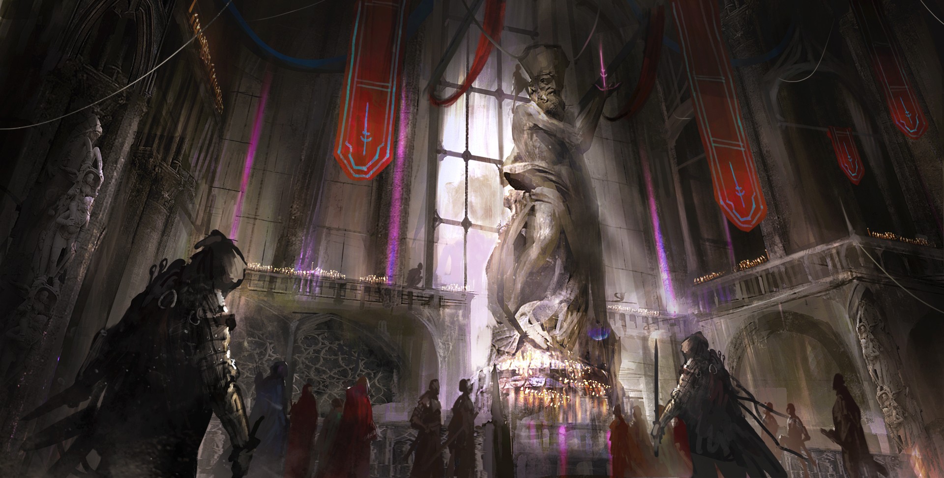 Fantasy art of a statue in a grand hall HD Wallpaper