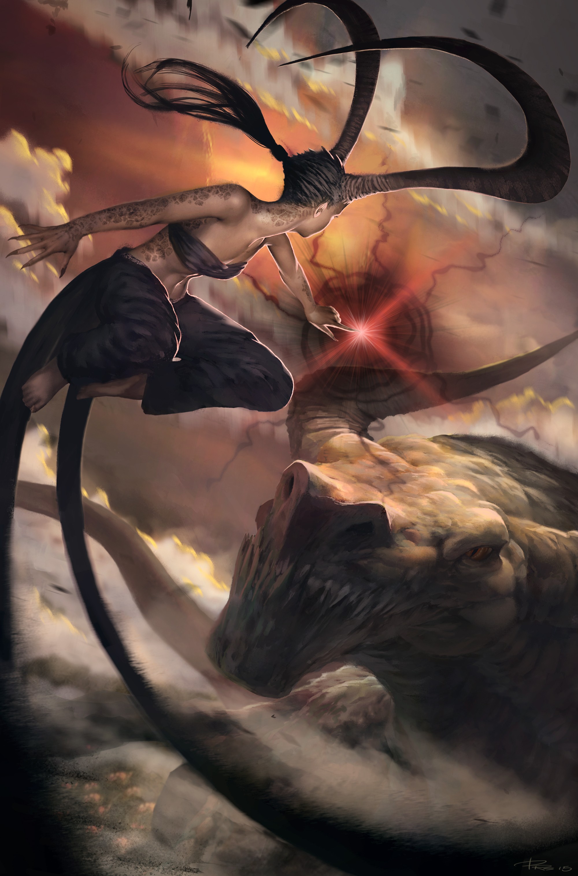 Fantasy art of a demoness fighting a beast HD Wallpaper