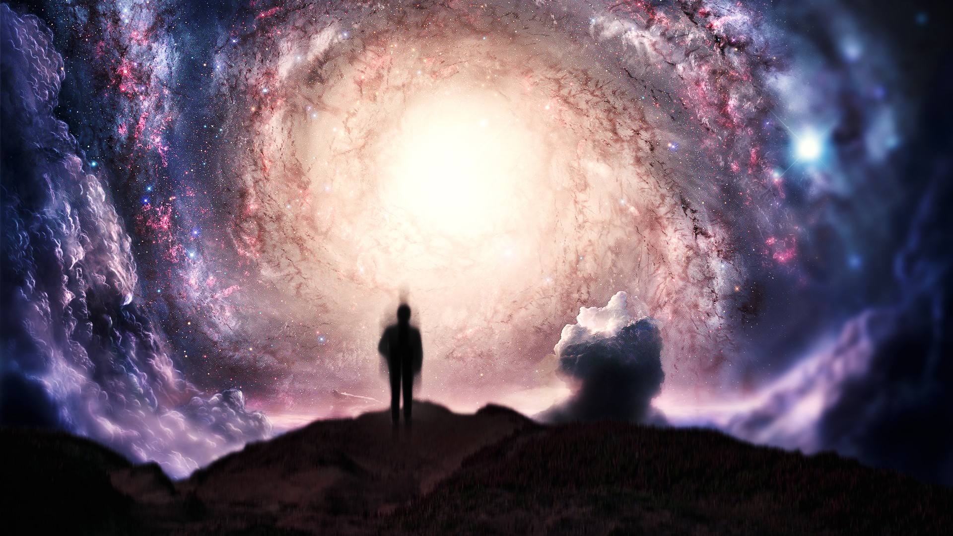 Silhouette of a person in front of a swirling galaxy HD Wallpaper
