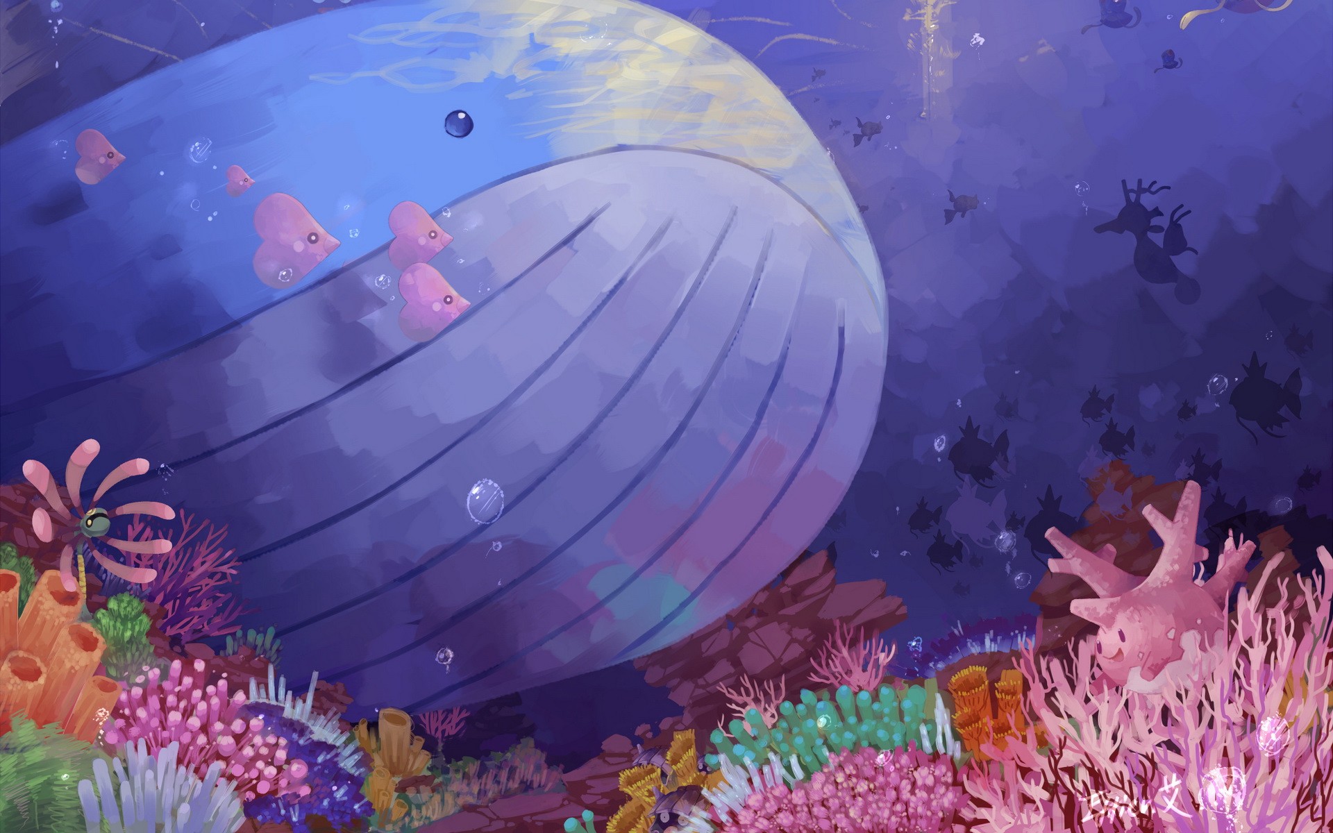 Wailord and fish in a coral reef HD Wallpaper