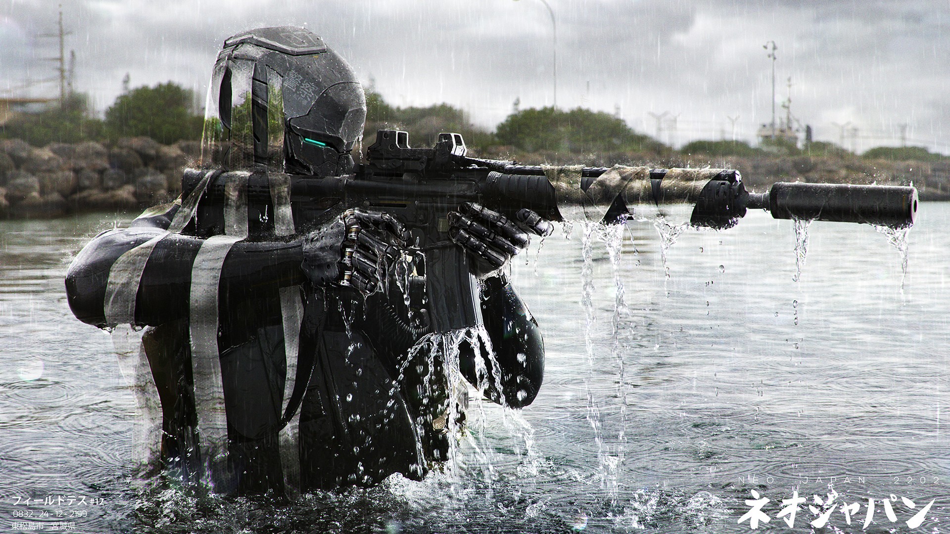 Futuristic soldier in water with rifle HD Wallpaper