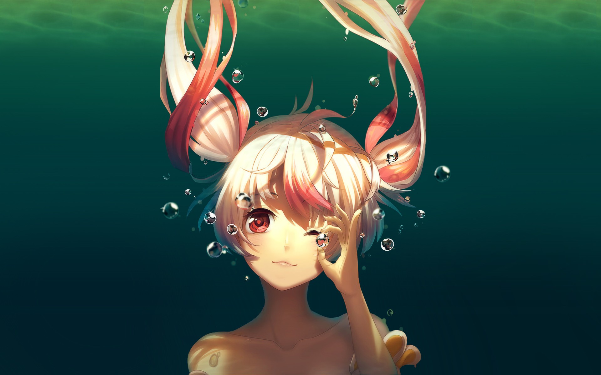 Anime girl with twintails underwater with bubbles HD Wallpaper
