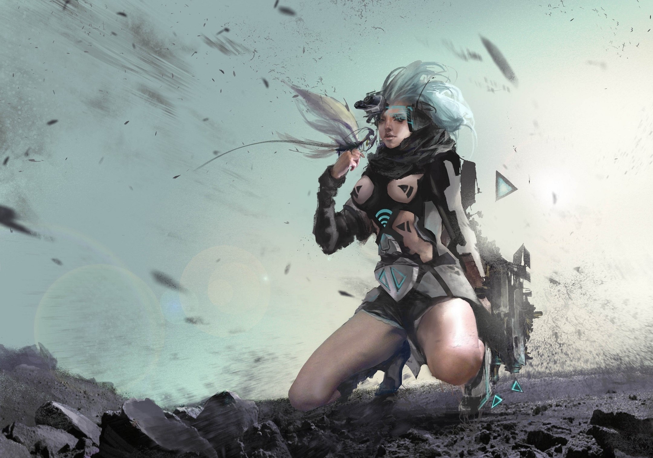 Futuristic woman with cybernetic implants in a desolate landscape HD Wallpaper