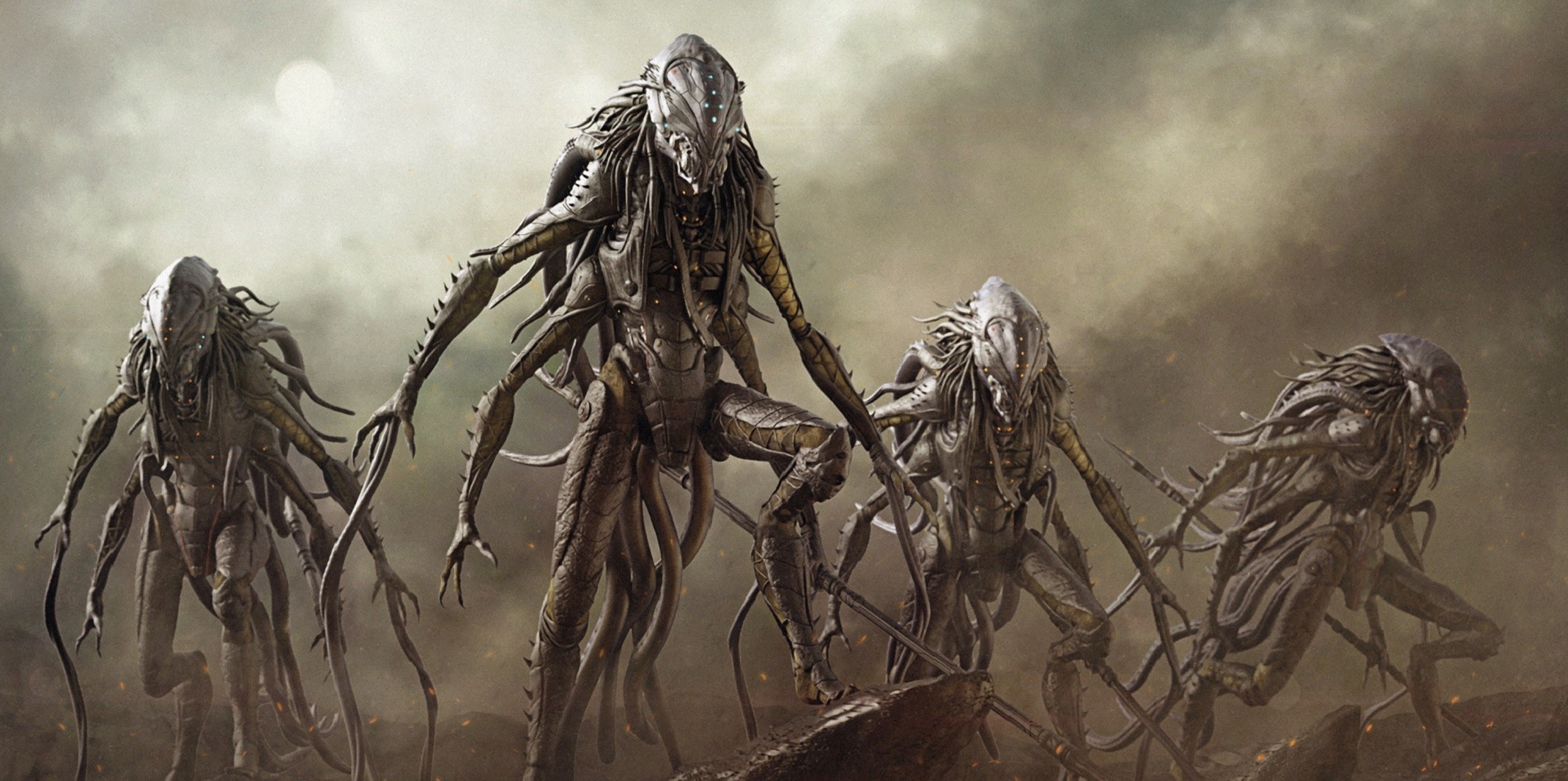 Four alien creatures in a desolate landscape HD Wallpaper