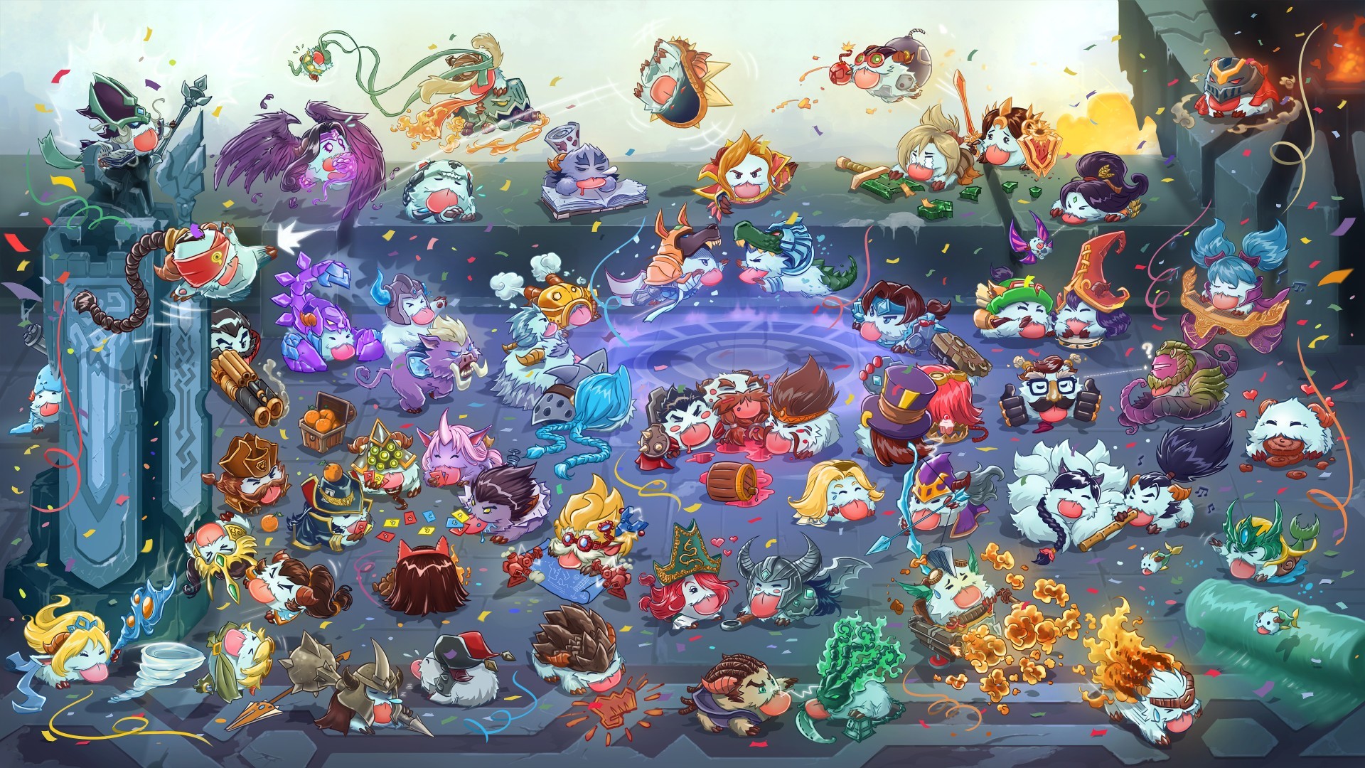 League of Legends Poro characters celebrating HD Wallpaper