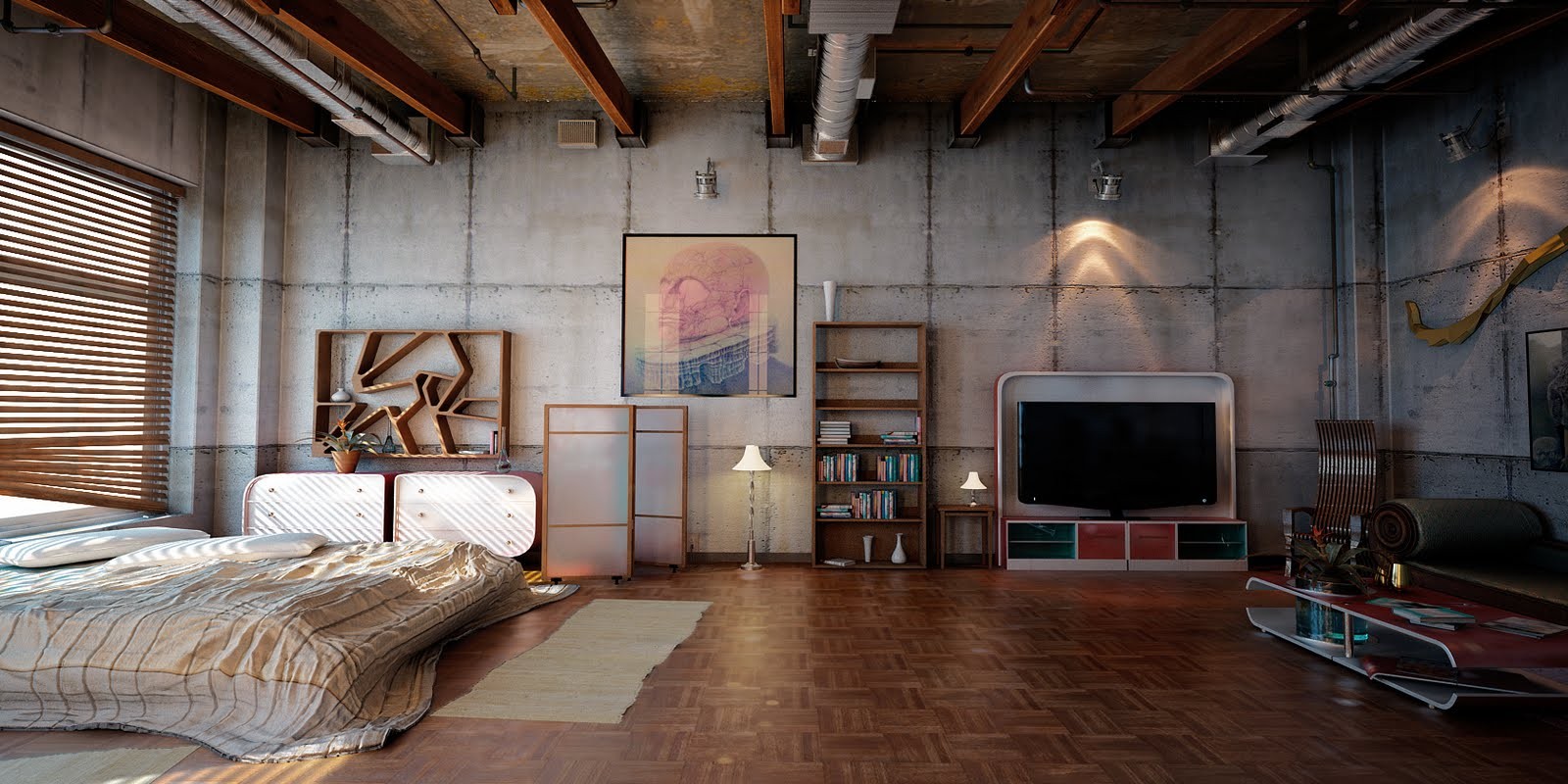 Loft apartment with bedroom and living area HD Wallpaper
