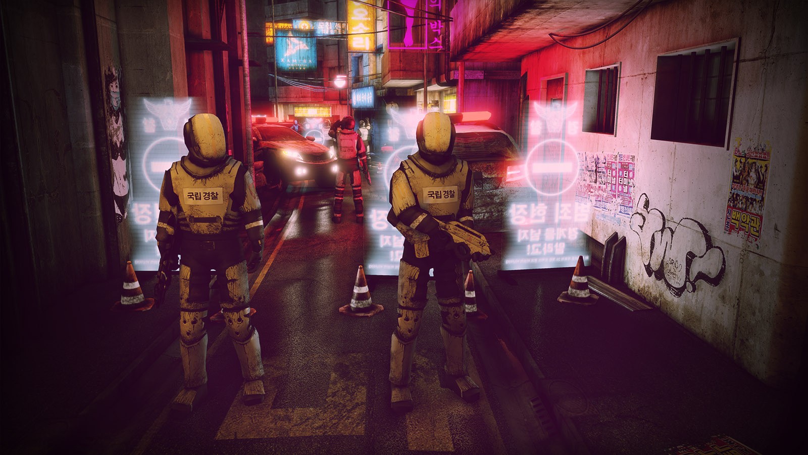 Cyberpunk police officers in a neon-lit alley HD Wallpaper