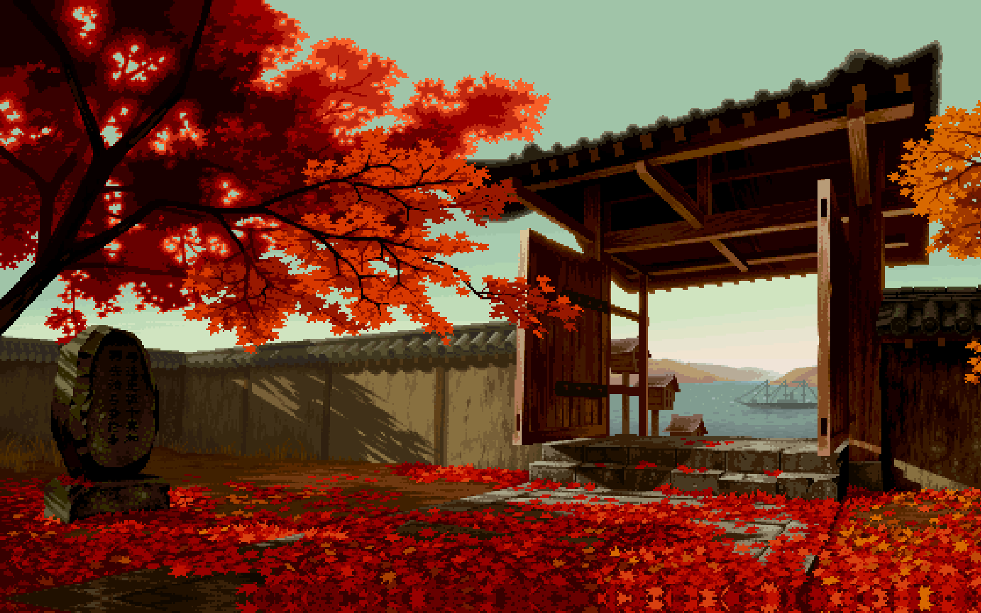 Pixel art of a Japanese garden in autumn HD Wallpaper