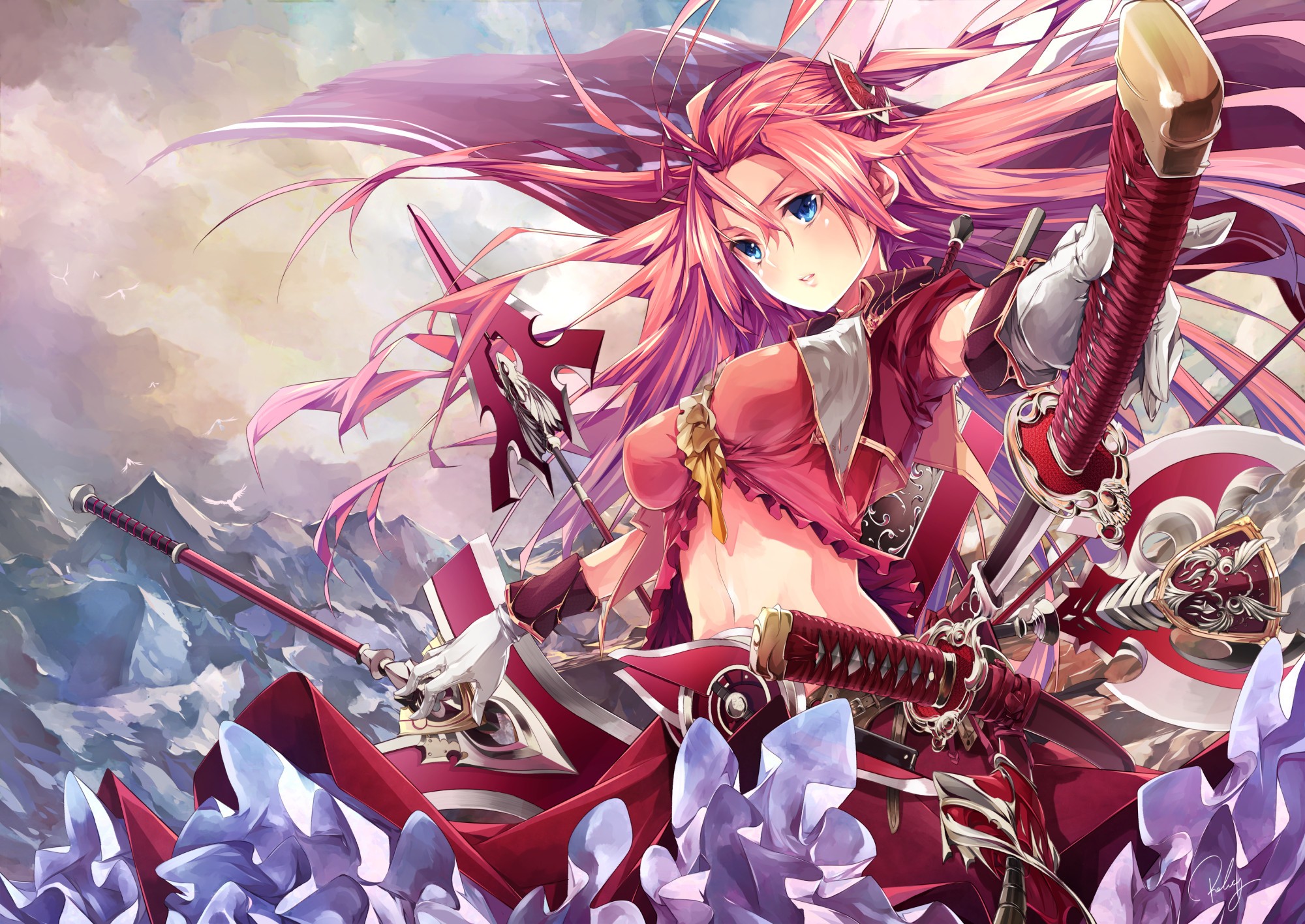 Anime girl with pink hair and swords HD Wallpaper