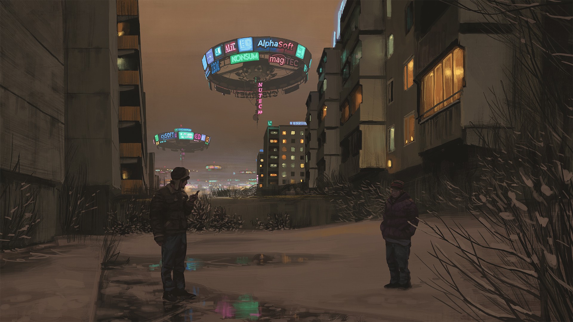 Cyberpunk city with flying advertisements and two men HD Wallpaper