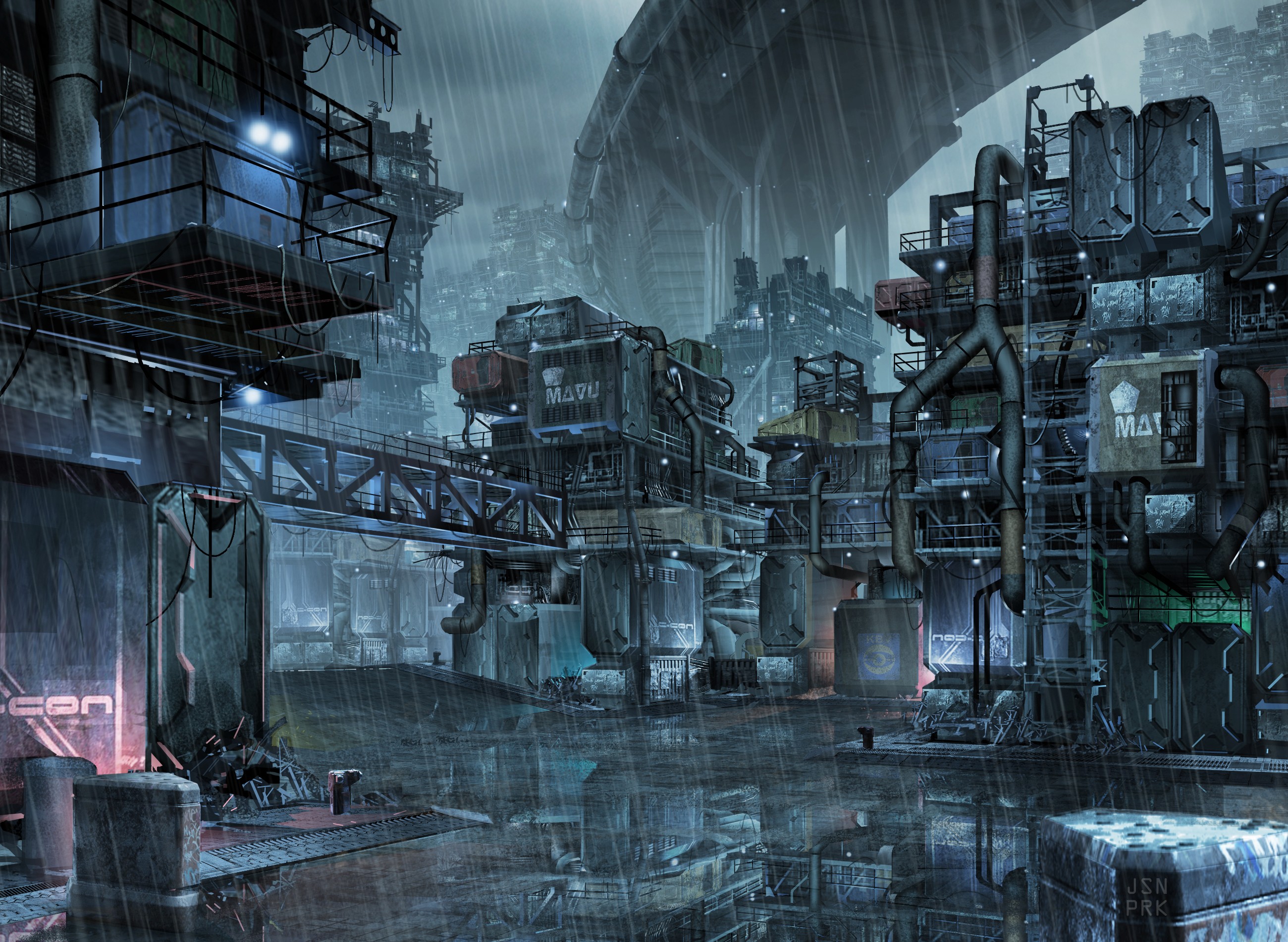 Cyberpunk industrial city in heavy rain HD Wallpaper
