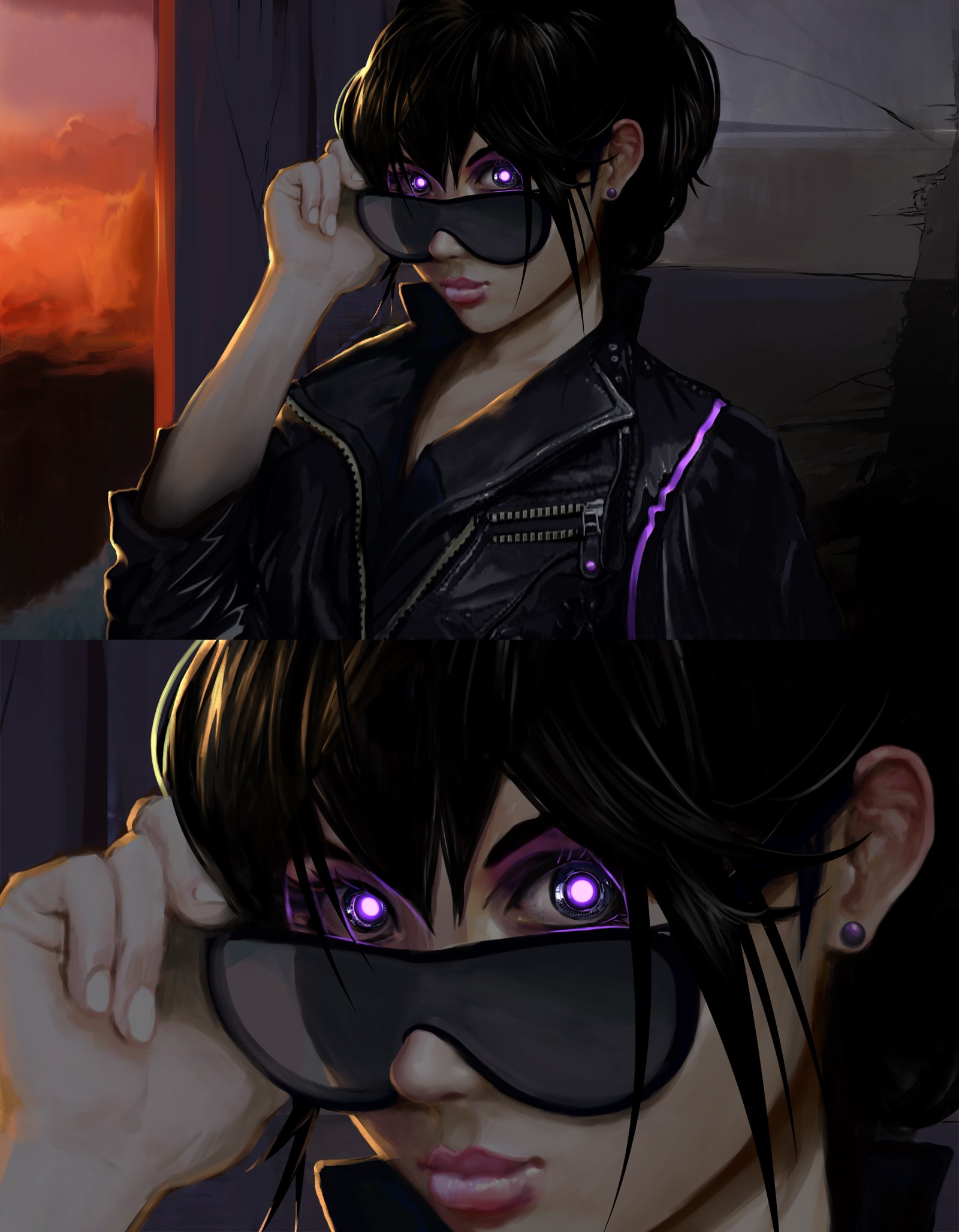 Cyberpunk girl with glowing purple eyes and sunglasses HD Wallpaper