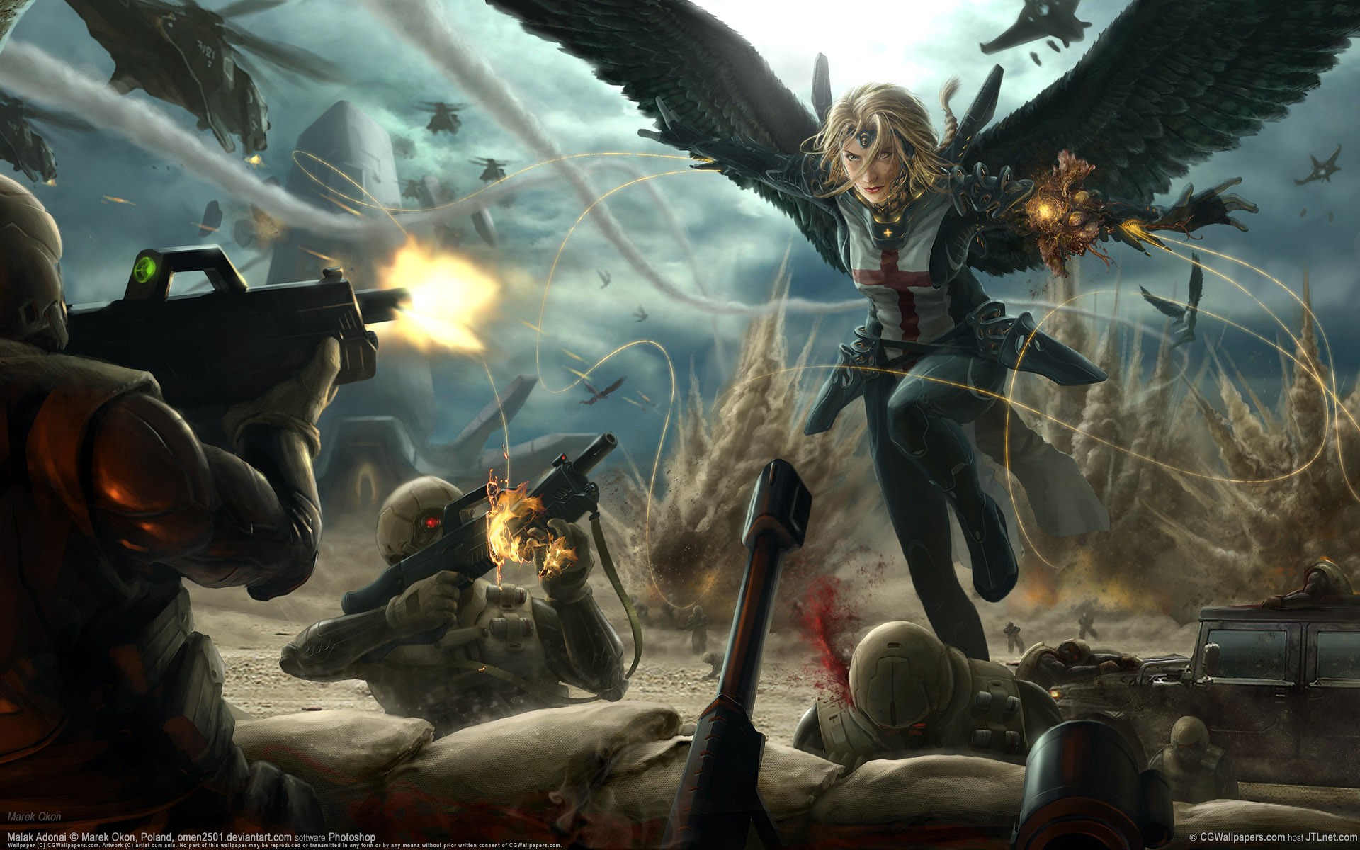 Futuristic angel in battle with soldiers and aircraft HD Wallpaper