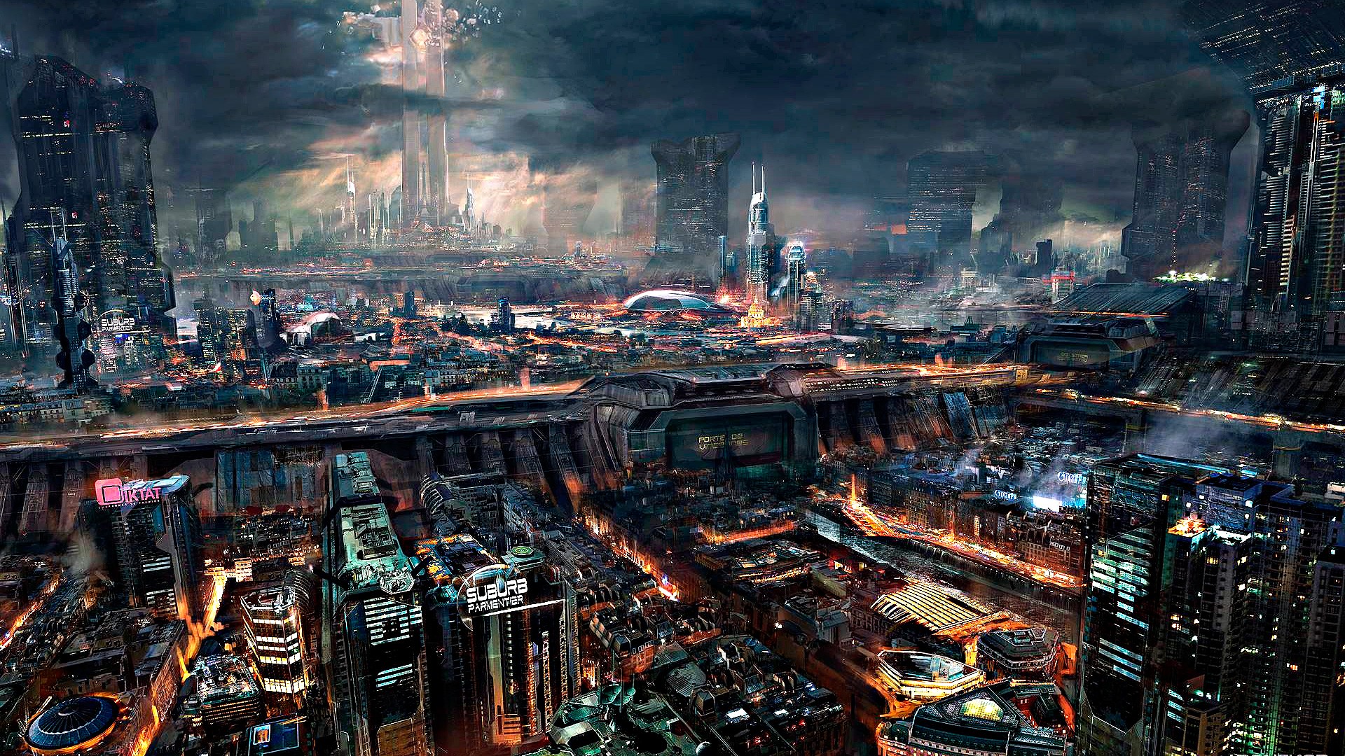 Cyberpunk city with towering skyscrapers and dramatic clouds HD Wallpaper