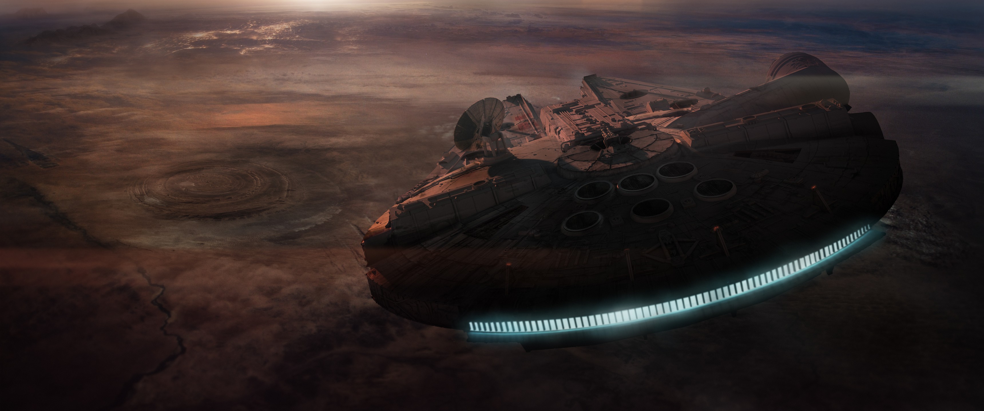 Millennium Falcon flying over a desert planet at sunset HD Wallpaper