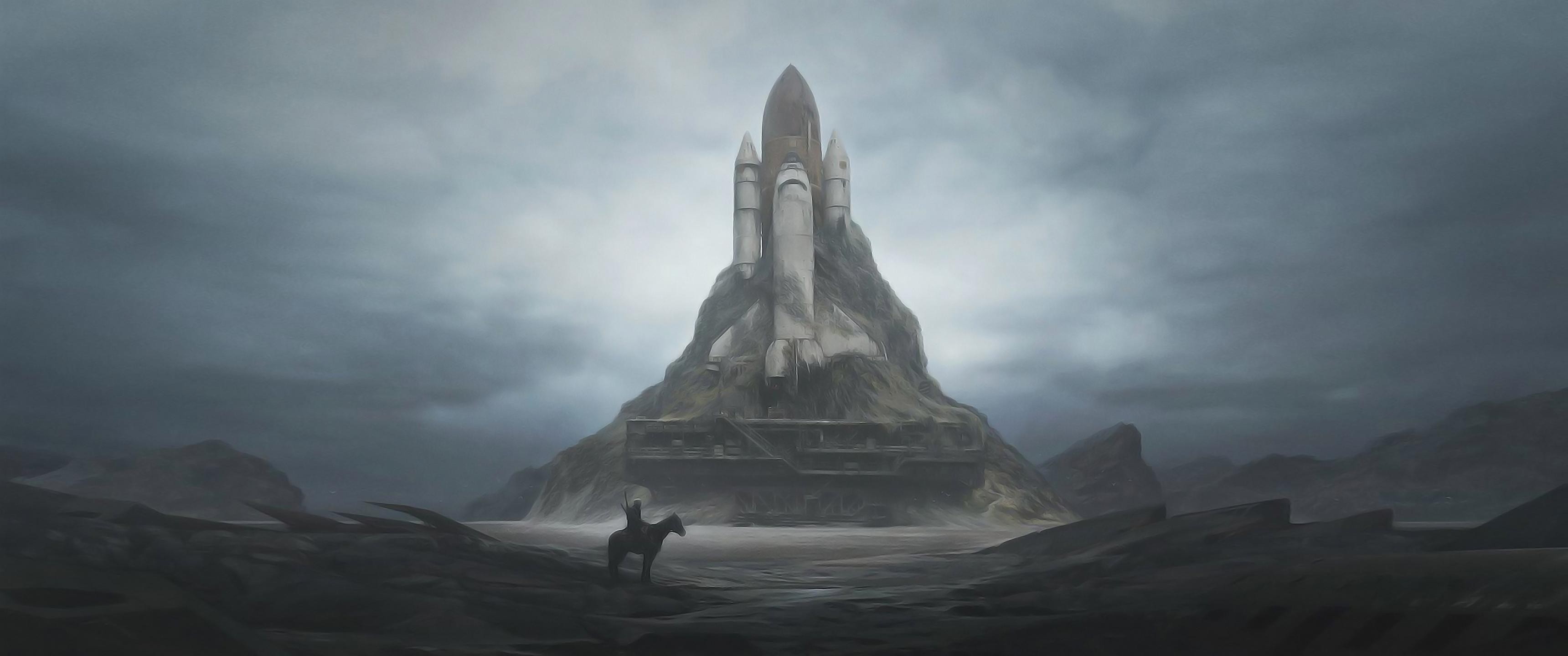 A lone rider approaches a shuttle on a desolate mountain HD Wallpaper
