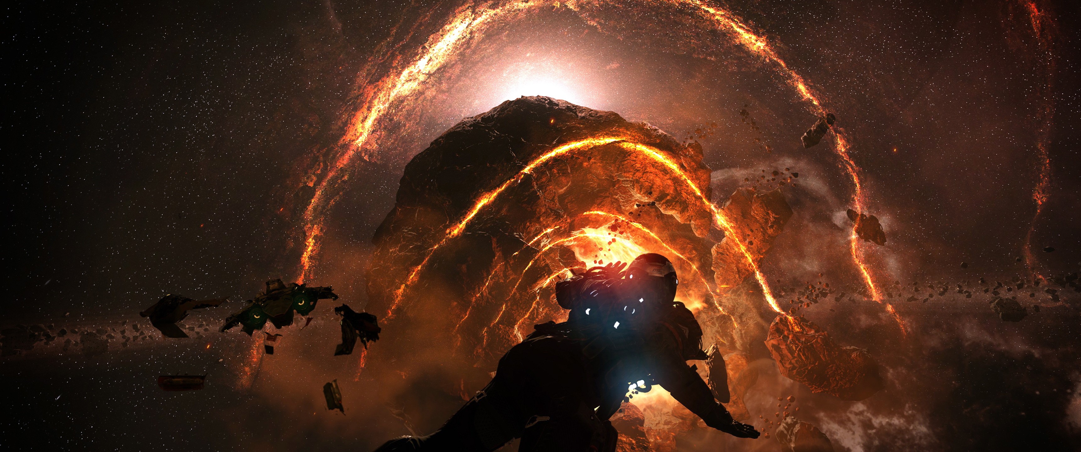 Star Citizen: Astronaut and ships near a celestial event HD Wallpaper