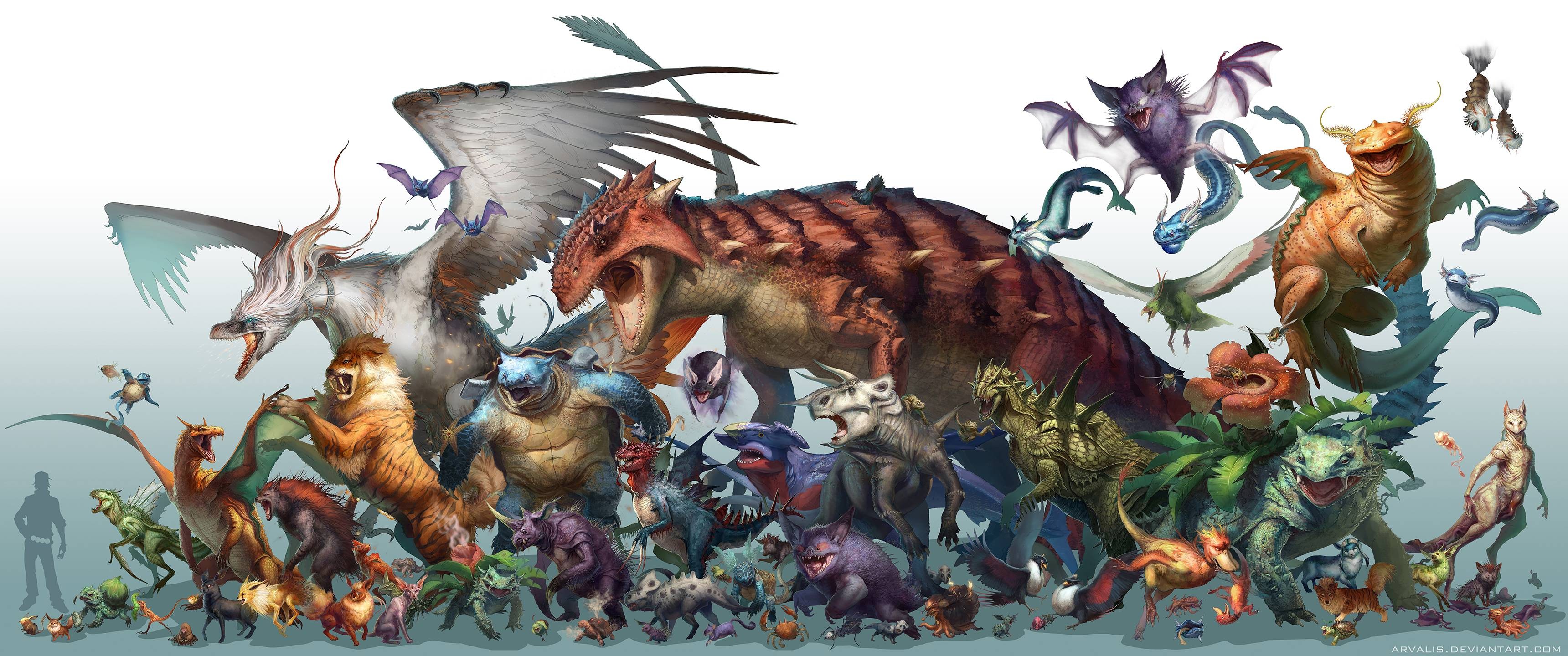 A collection of realistic Pokémon creatures in a group HD Wallpaper