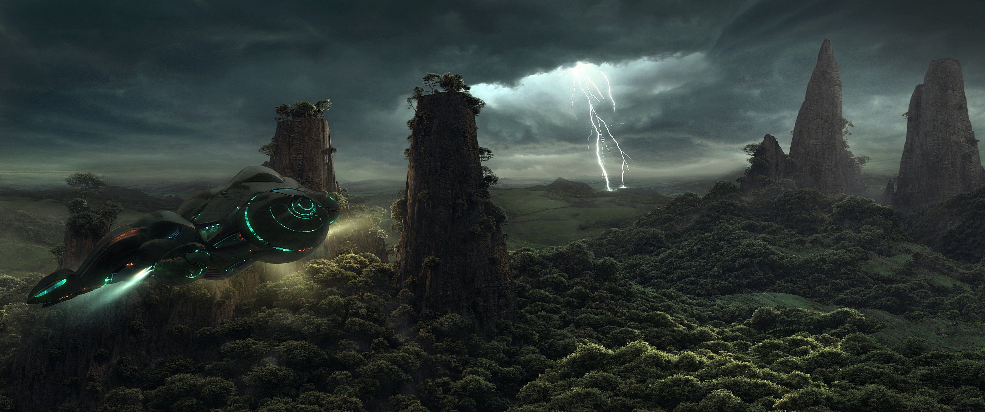 Alien spaceship flying over a stormy alien landscape HD Wallpaper