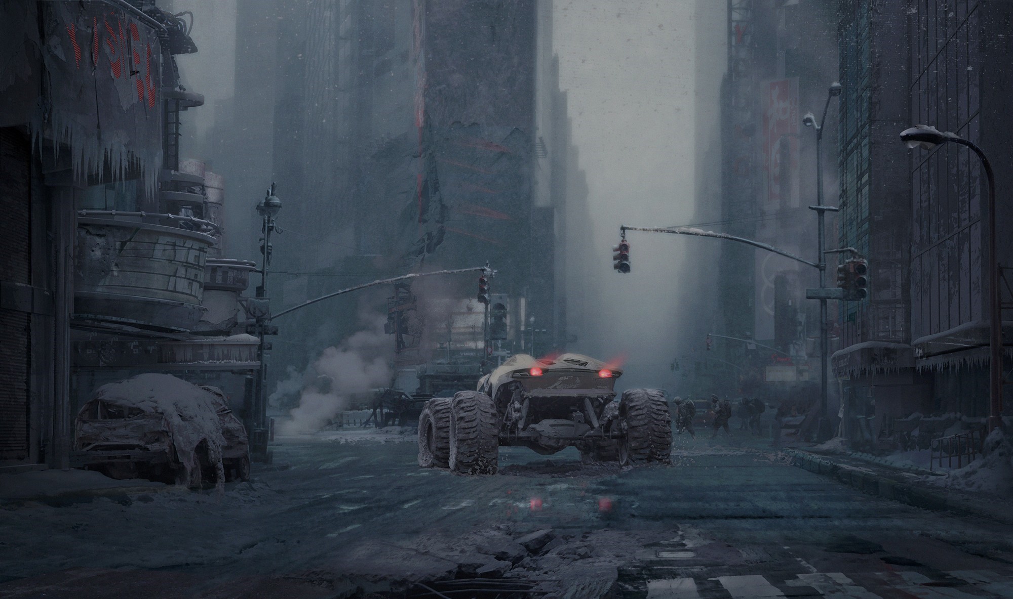 Futuristic vehicle in a desolate, snowy city HD Wallpaper