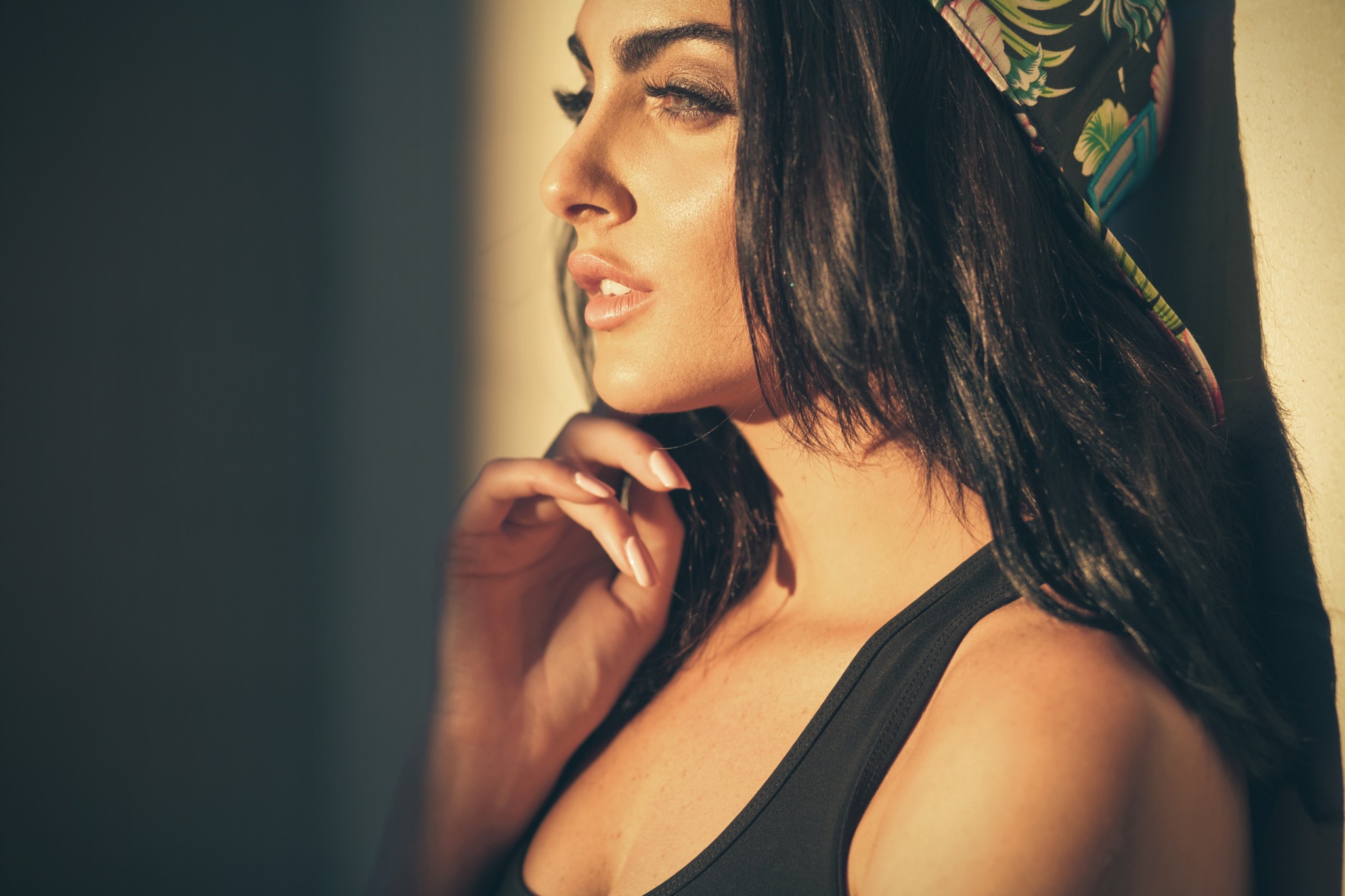 Tanisha Stevens in a black tank top and bandana HD Wallpaper