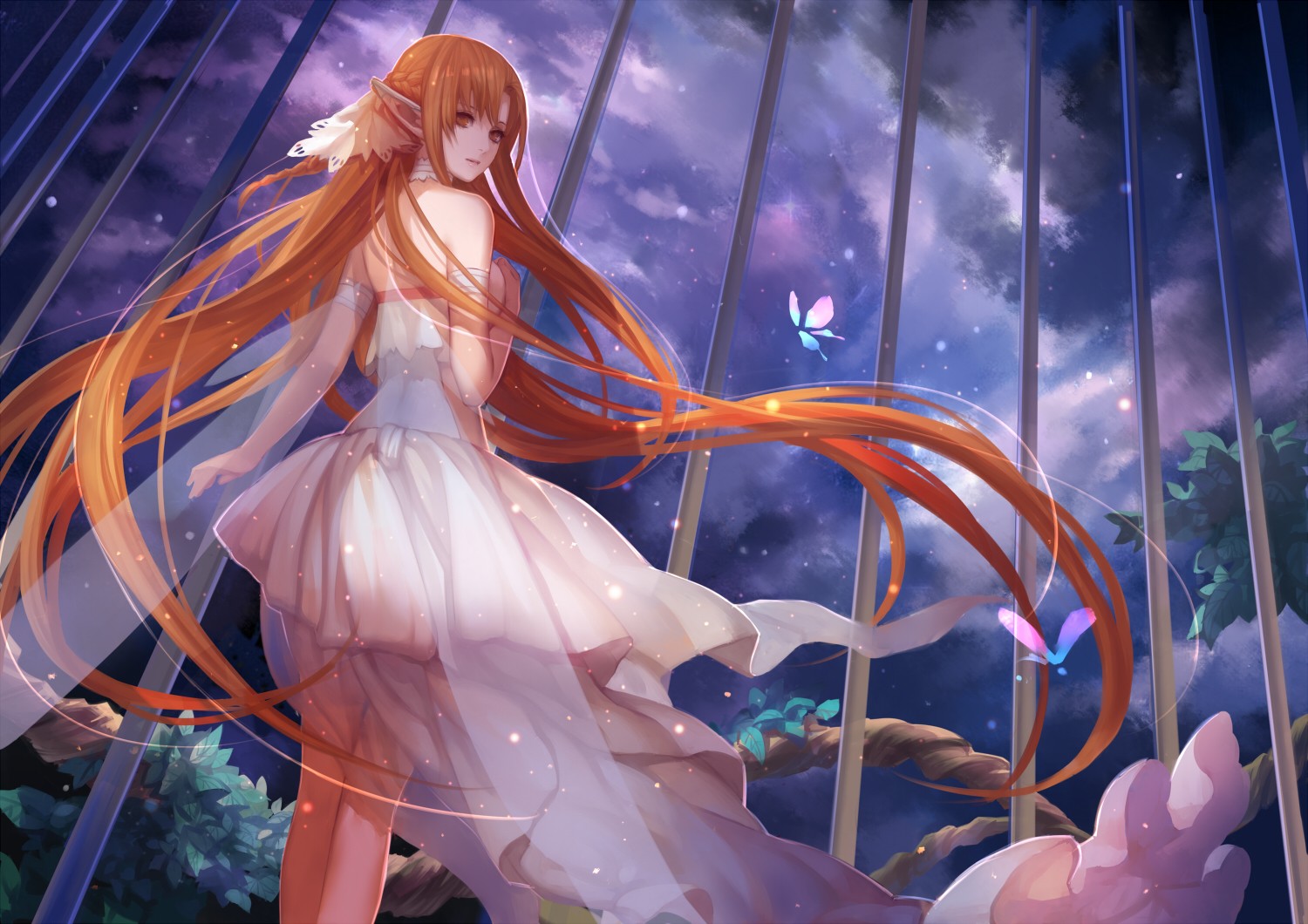 Asuna Yuuki in a white dress under a starry sky HD Wallpaper